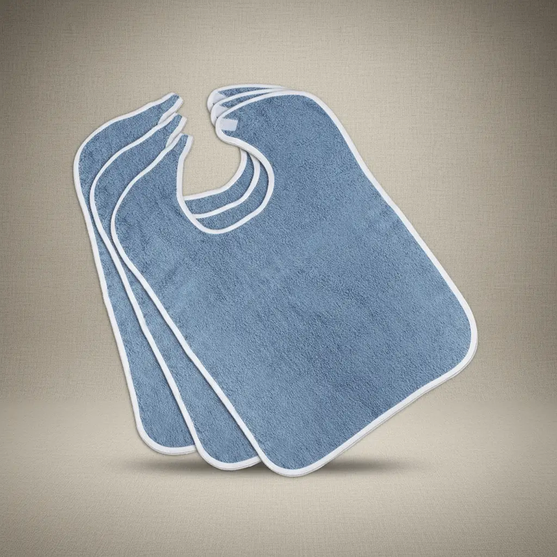 Adult terry bib by Rifz Textiles Inc, designed for Alzheimer's patients to protect against spills and stains during meals.