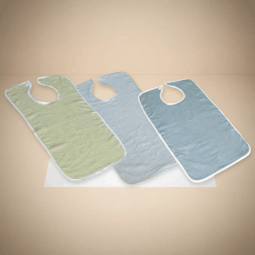 Three adult bibs for Alzheimer patients in green blue and grey colors with white trim