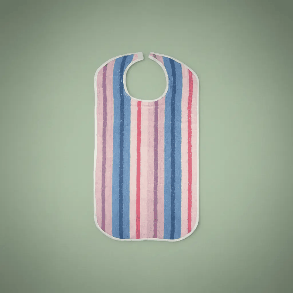 Adult bib for Alzheimers patients with blue and pink vertical stripes