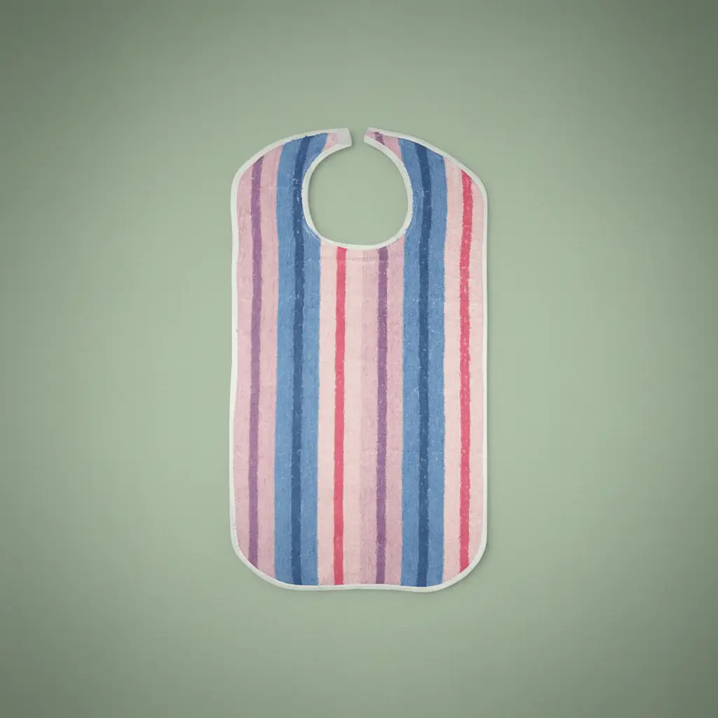 Adult terry bib by Rifz Textiles Inc for incontinence, designed to protect against spills and stains for Alzheimer's patients.