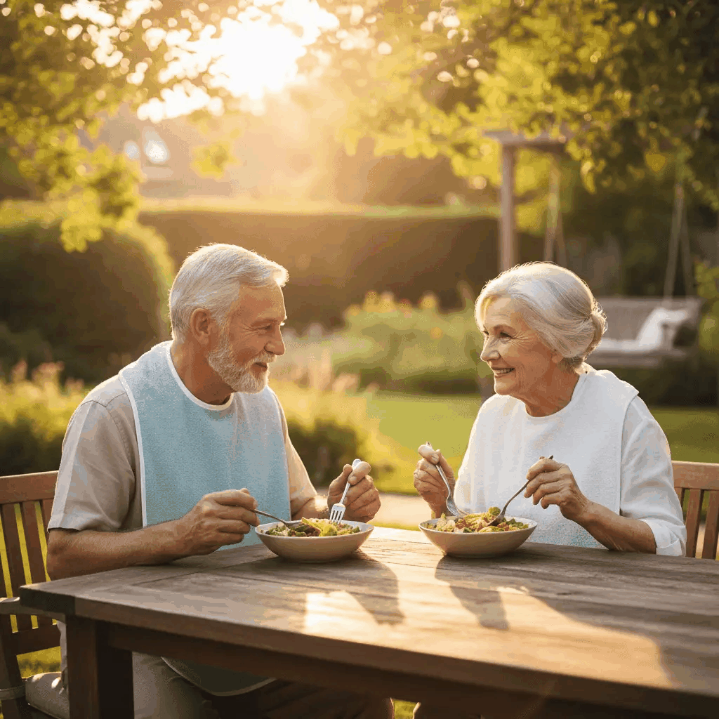 Elderly couple wearing adult bibs eating a meal at an outdoor wooden table