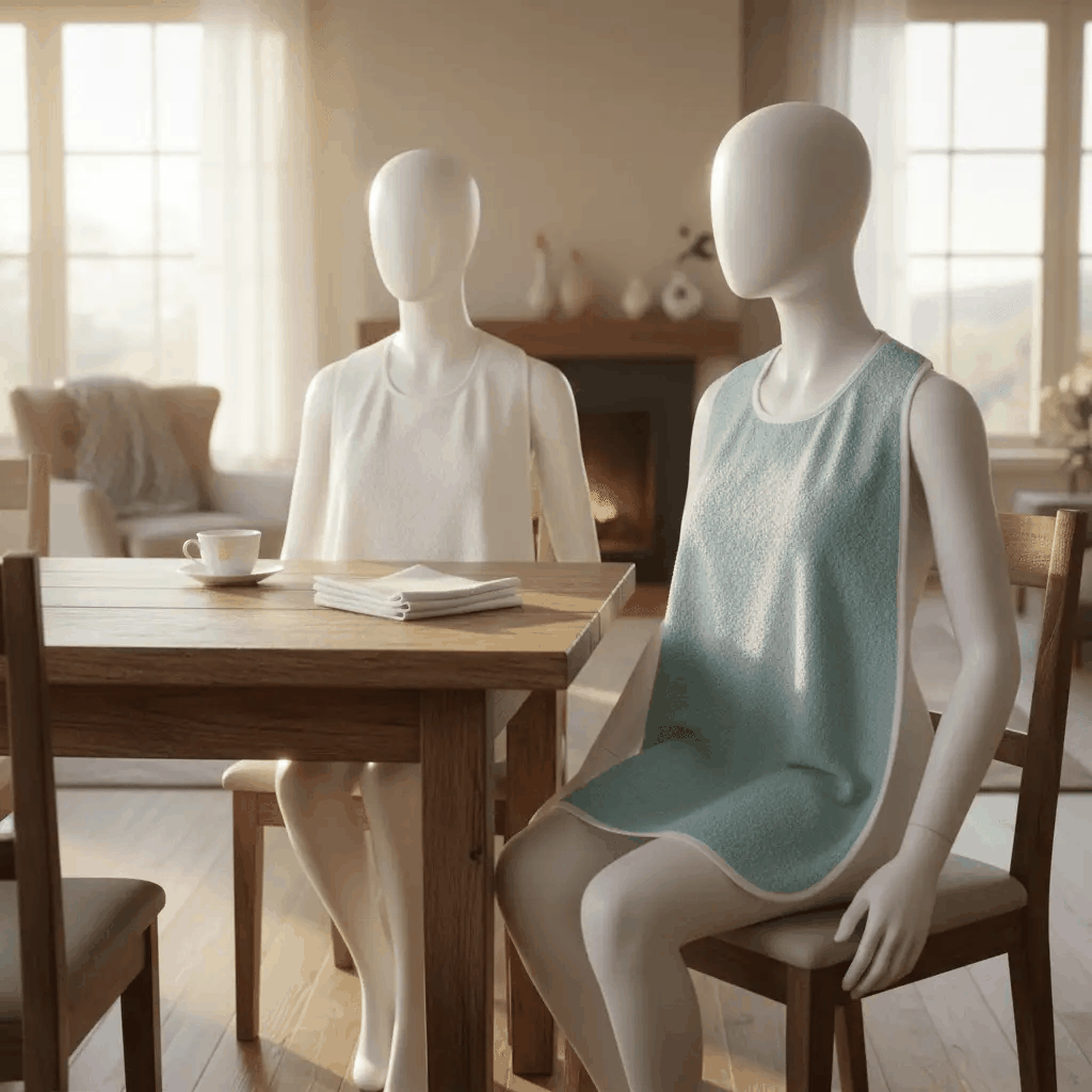 Mannequin wearing a blue adult bib for Alzheimer patients at a dining table