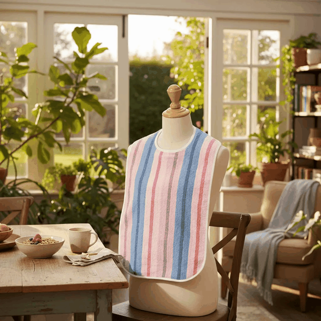 Adult bib with blue and pink stripes on a mannequin at a dining table