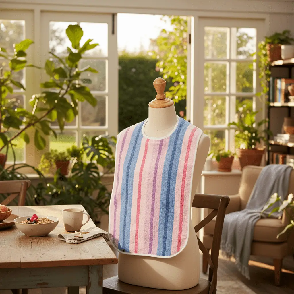 Adult terry bib by Rifz Textiles Inc for Alzheimer’s patients, designed to protect against spills and stains during meals.
