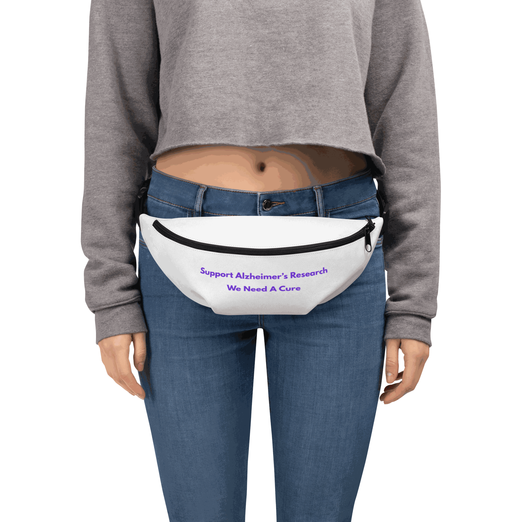 Person wearing a white Alzheimer's awareness fanny pack with purple text reading Support Alzheimer's Research