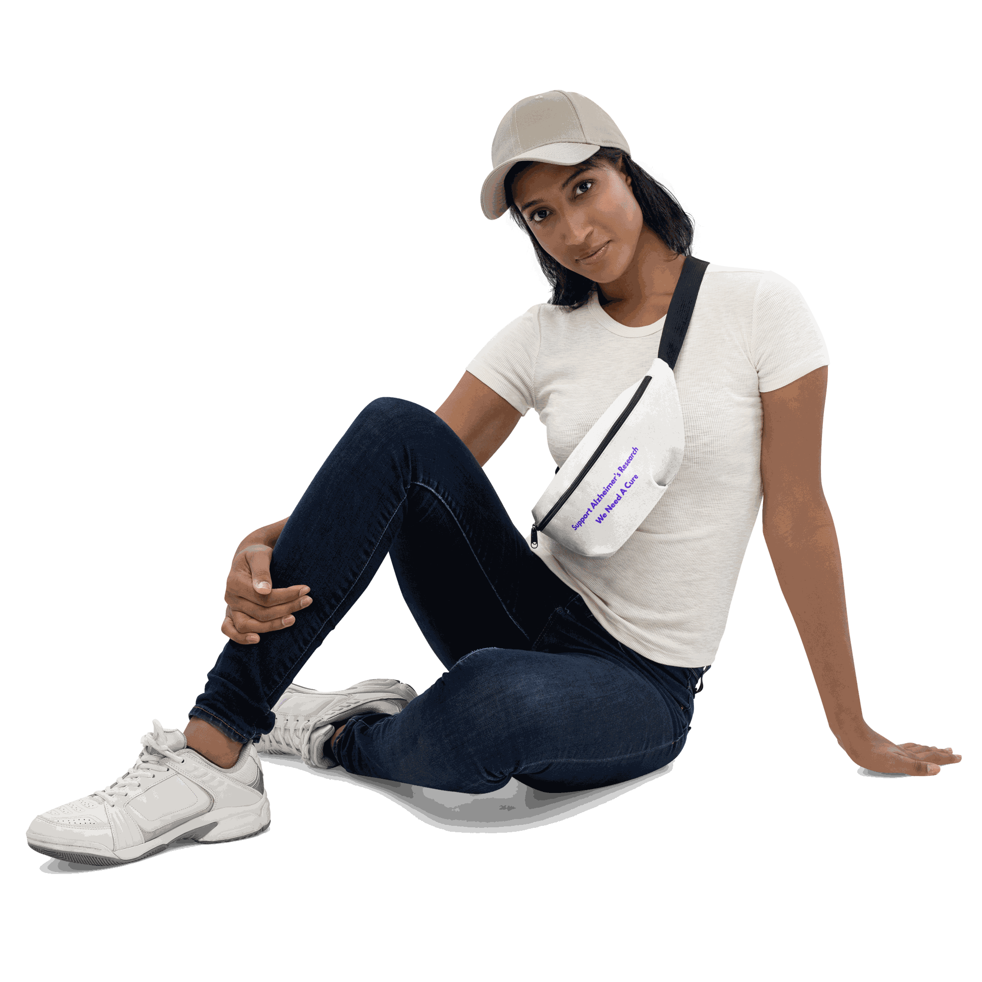 Person wearing a white Alzheimer's research awareness fanny pack across the chest
