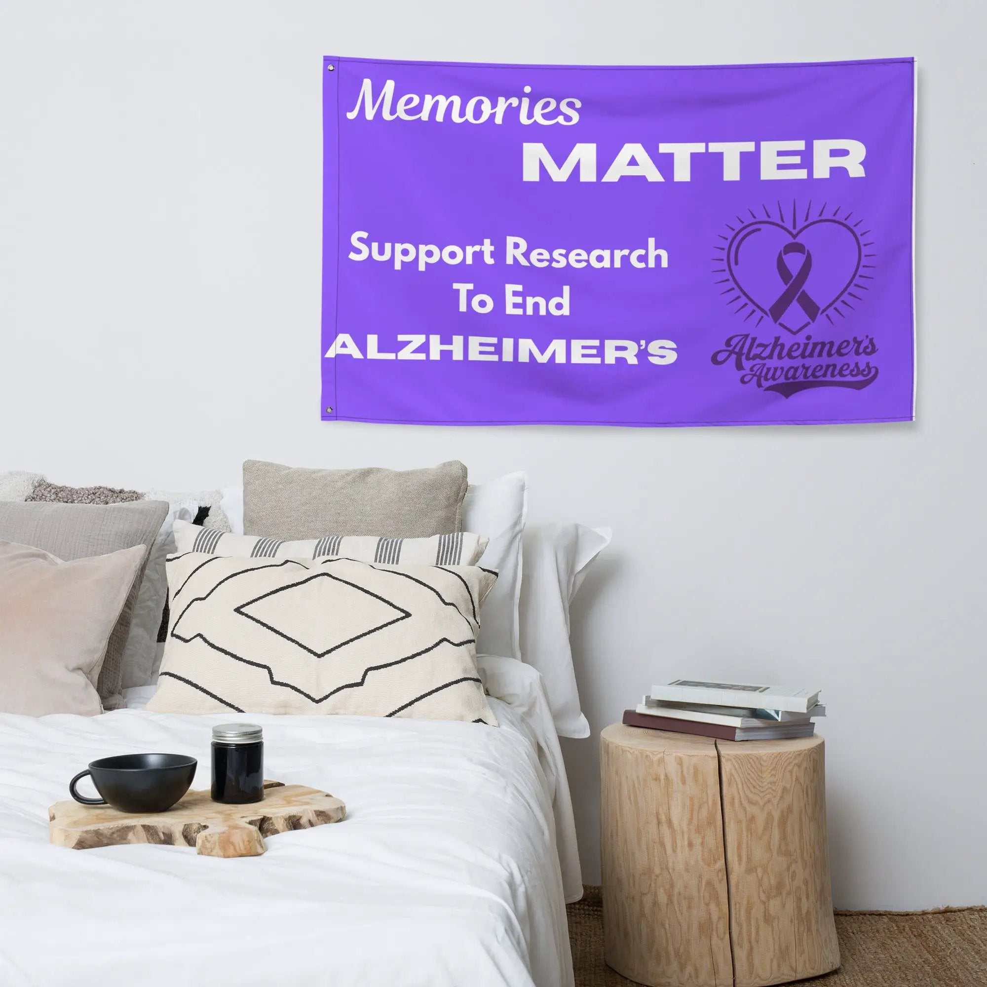 Purple Alzheimers Awareness flag with text Memories Matter and a ribbon heart icon hanging above a bed