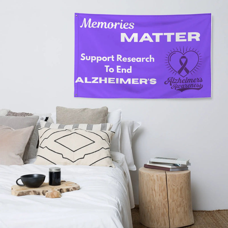 White Alzheimer's Awareness flag with all-over print, supporting Alzheimer's awareness and advocacy, featuring bold graphics.