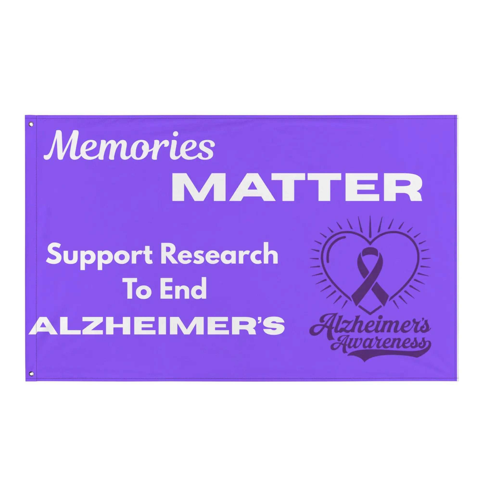 Purple Alzheimer's Awareness flag with text Memories Matter and a heart ribbon graphic