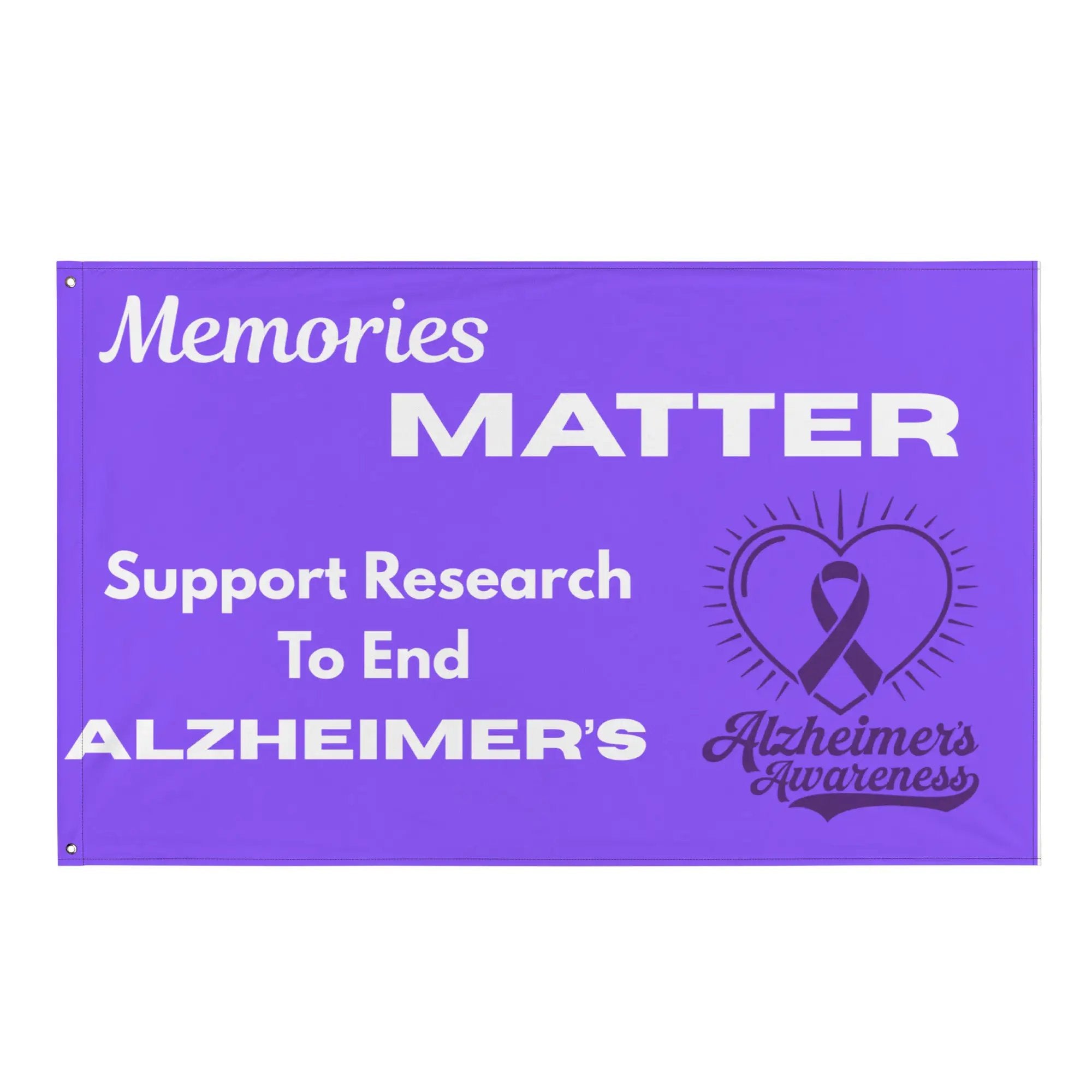 All-over-print Alzheimer's Awareness flag with white background, featuring support symbols, ideal for raising awareness and showing support.