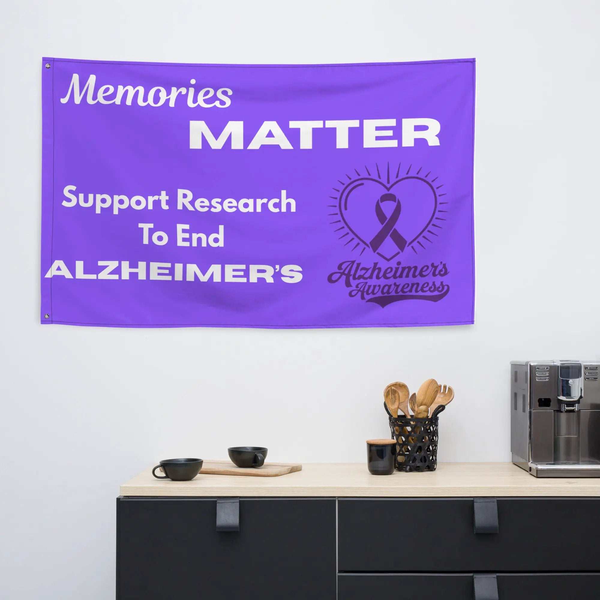 Purple Alzheimers Awareness flag with text Memories Matter Support Research To End Alzheimers hanging on a wall
