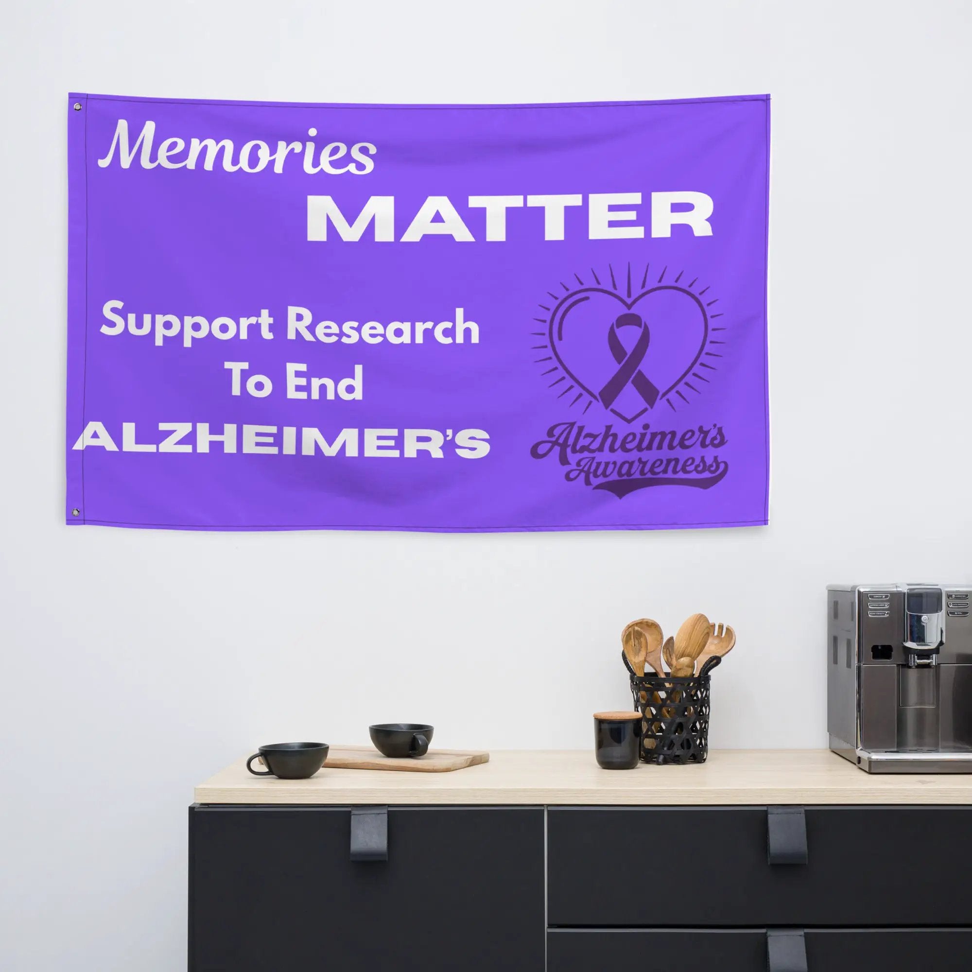 White Alzheimer's Awareness flag with all-over print design, featuring supportive message and symbols for raising awareness.