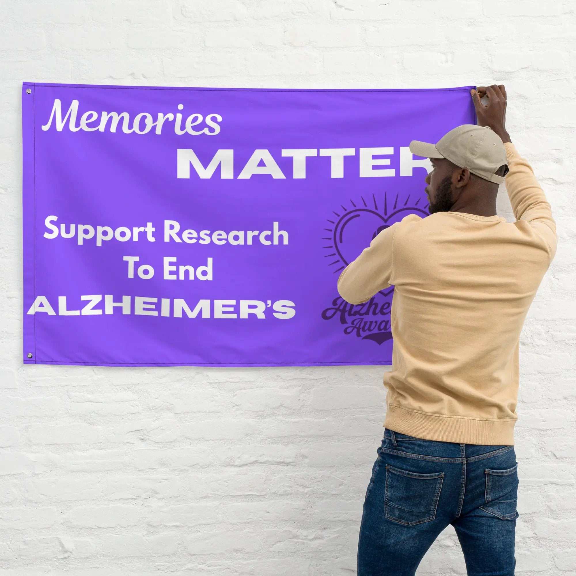 Alzheimer's Awareness flag with all-over print in white, featuring supportive messages for raising awareness, by Greg's AZ Store.