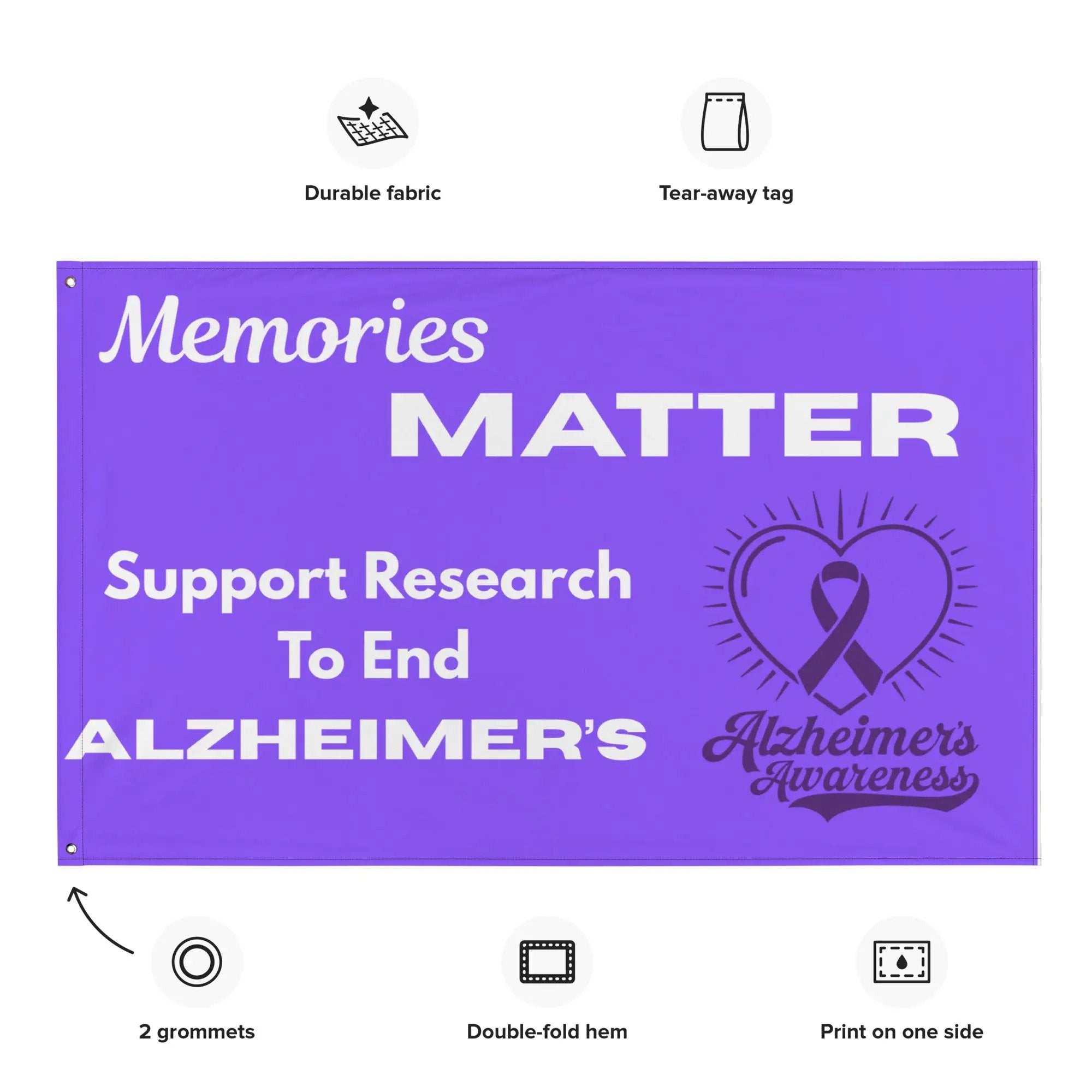 Alzheimer's Awareness flag with purple background white text and heart ribbon graphic