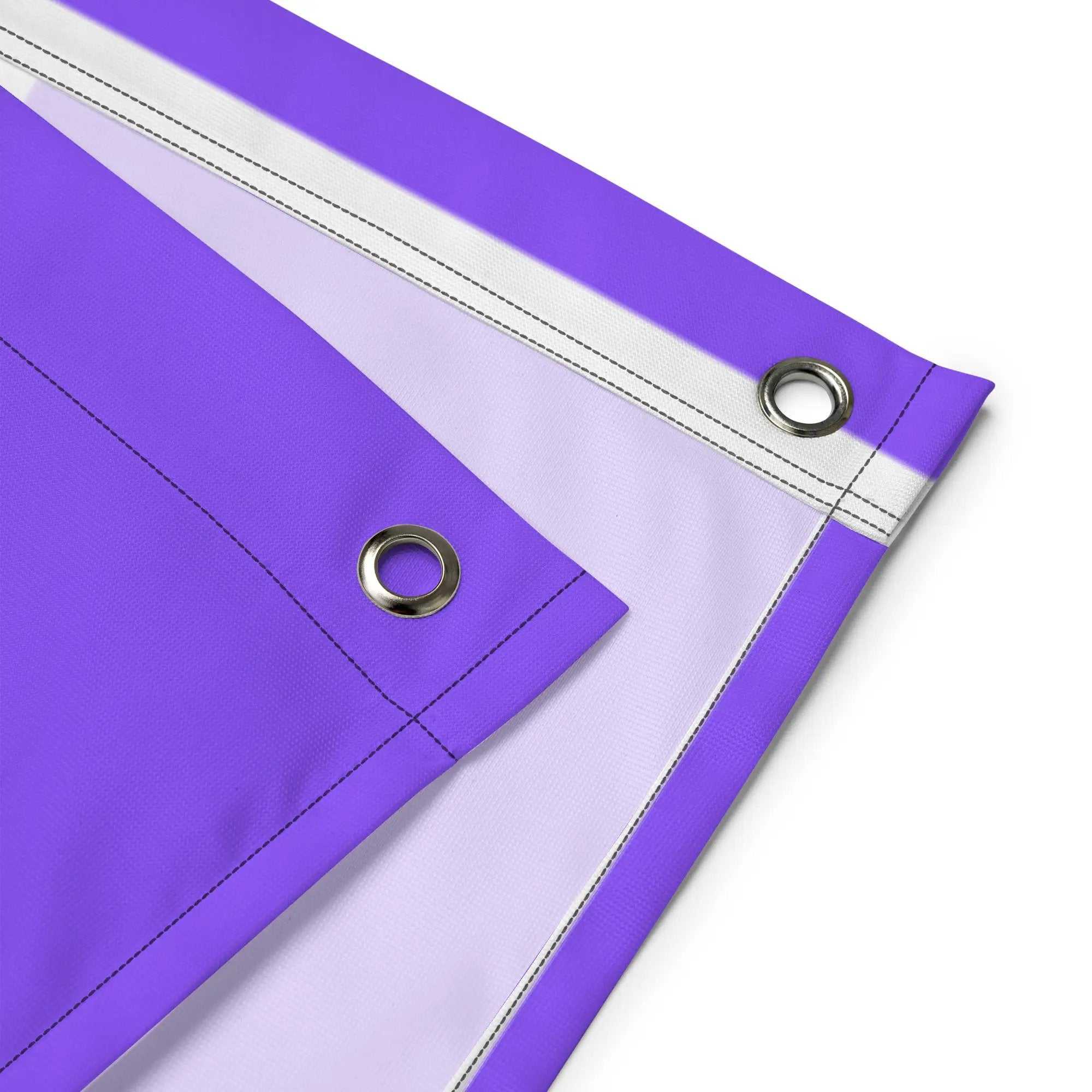 Corner detail of purple Alzheimers Awareness Flag showing metal grommets and stitched white header