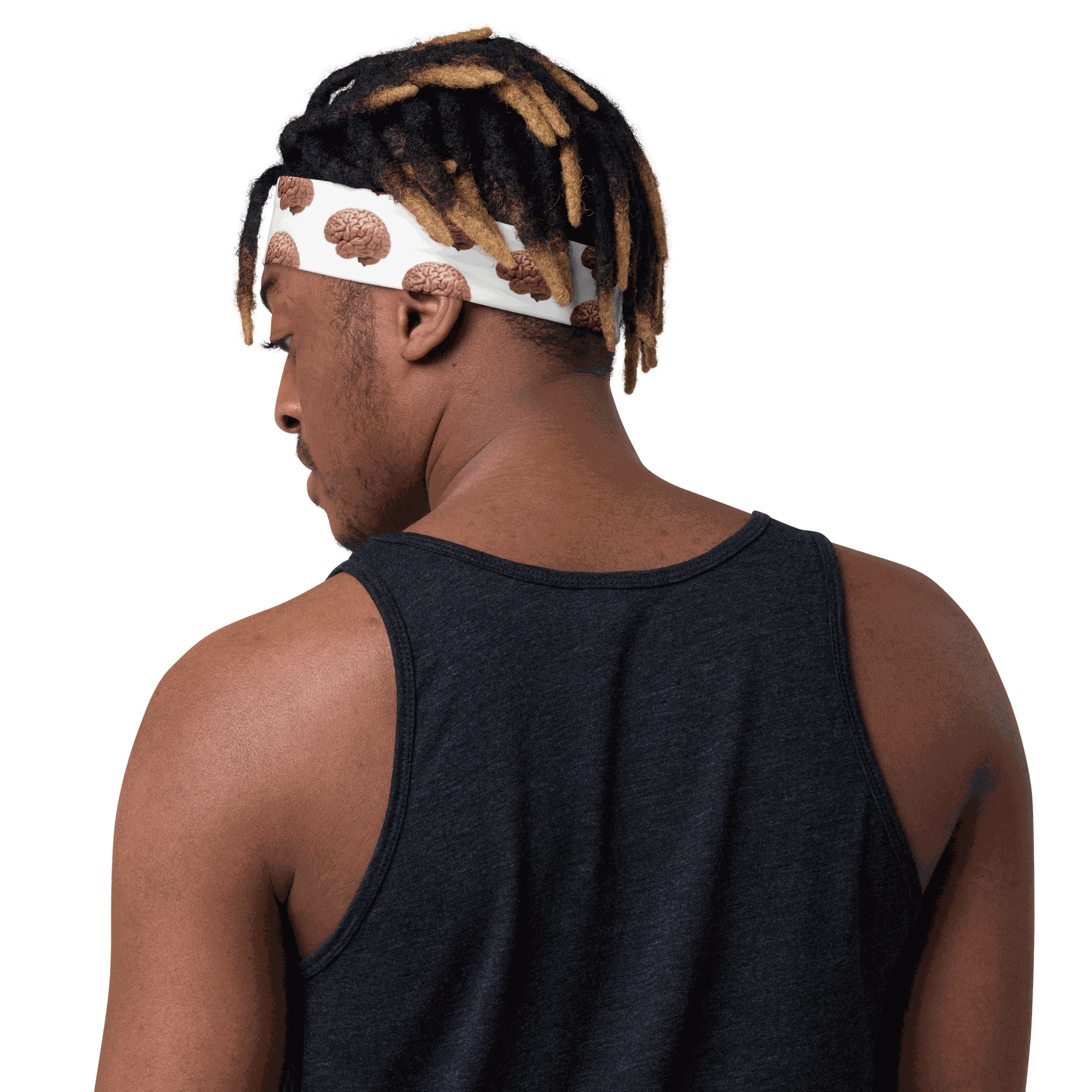 Person wearing a white soft stretch headband with brain pattern for Alzheimer awareness