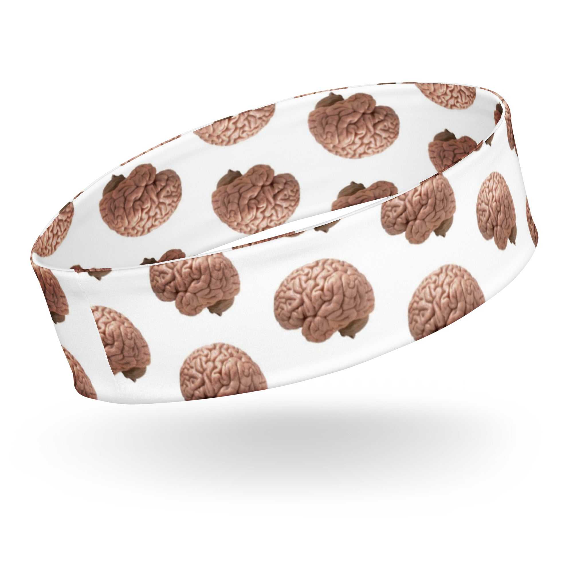 Soft stretch white headband with repeating brain pattern for Alzheimer awareness