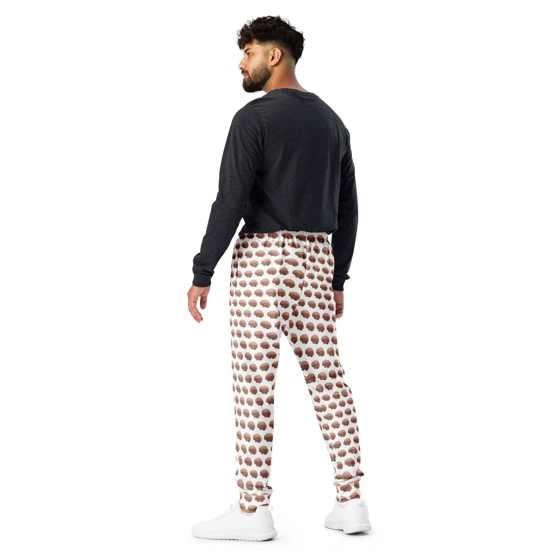 All-over white recycled men's joggers with brain print design, stylish comfort, and casual fit from Greg's AZ Store.