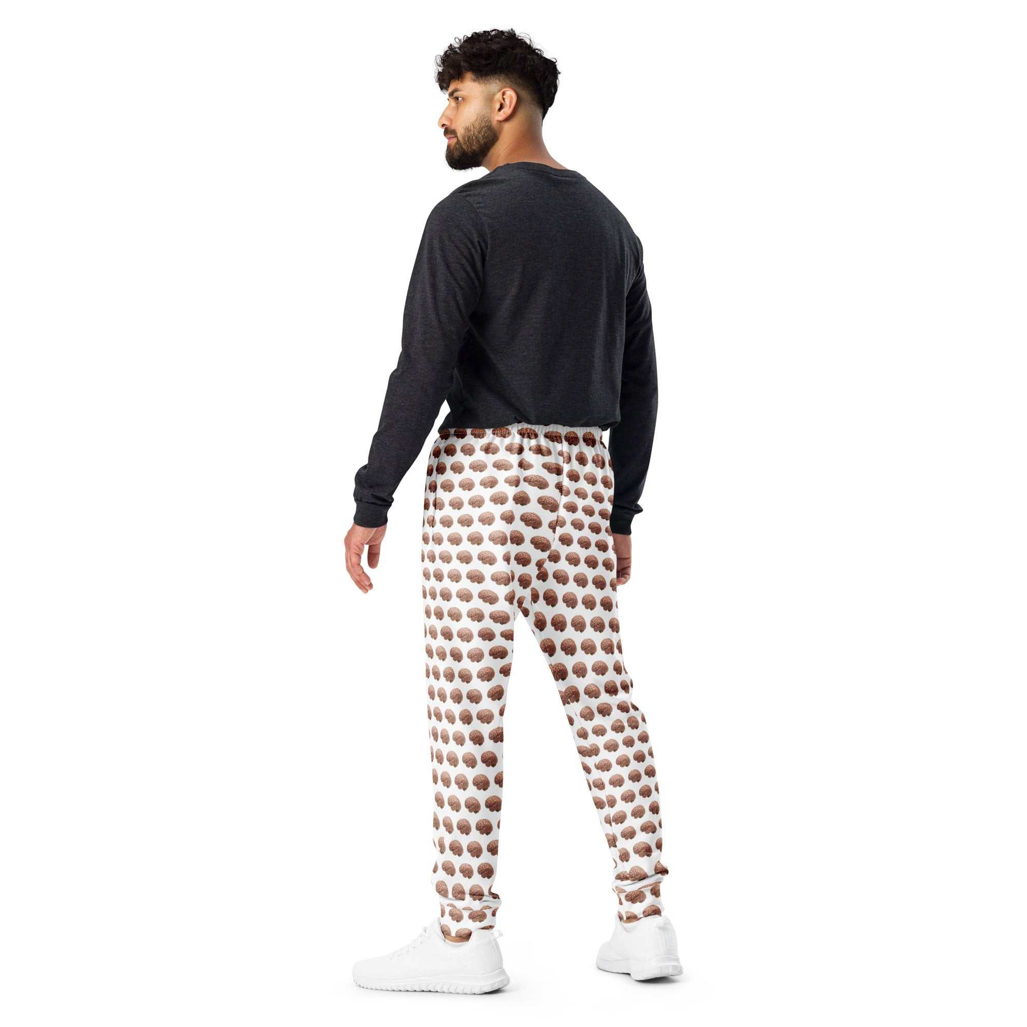 White men's Brain Print joggers from Greg's AZ Store featuring all-over recycled fabric print and comfortable casual fit.