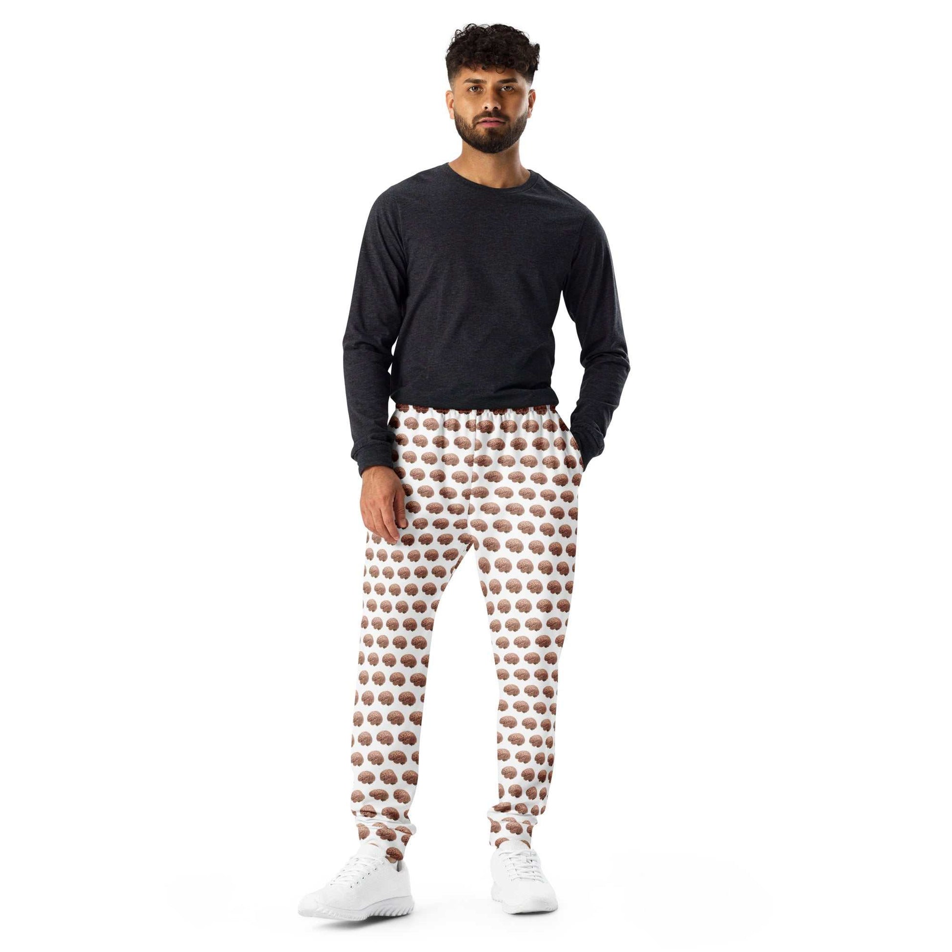 Men's white Brain Print joggers by Greg's AZ Store, all-over recycled fabric with stylish brain pattern and comfortable fit.