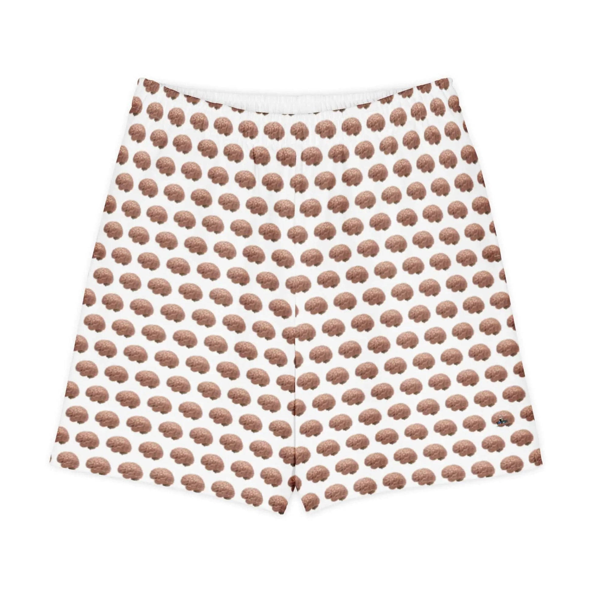 All-over print white cotton unisex shorts featuring brain print design for Alzheimer's awareness, from Greg's AZ Store.