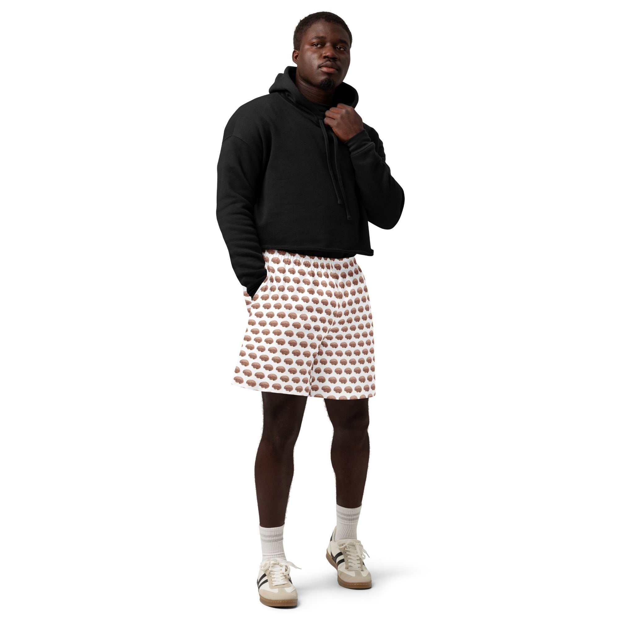 Person wearing Brain Print Shorts Alzheimer's Awareness with a black hoodie