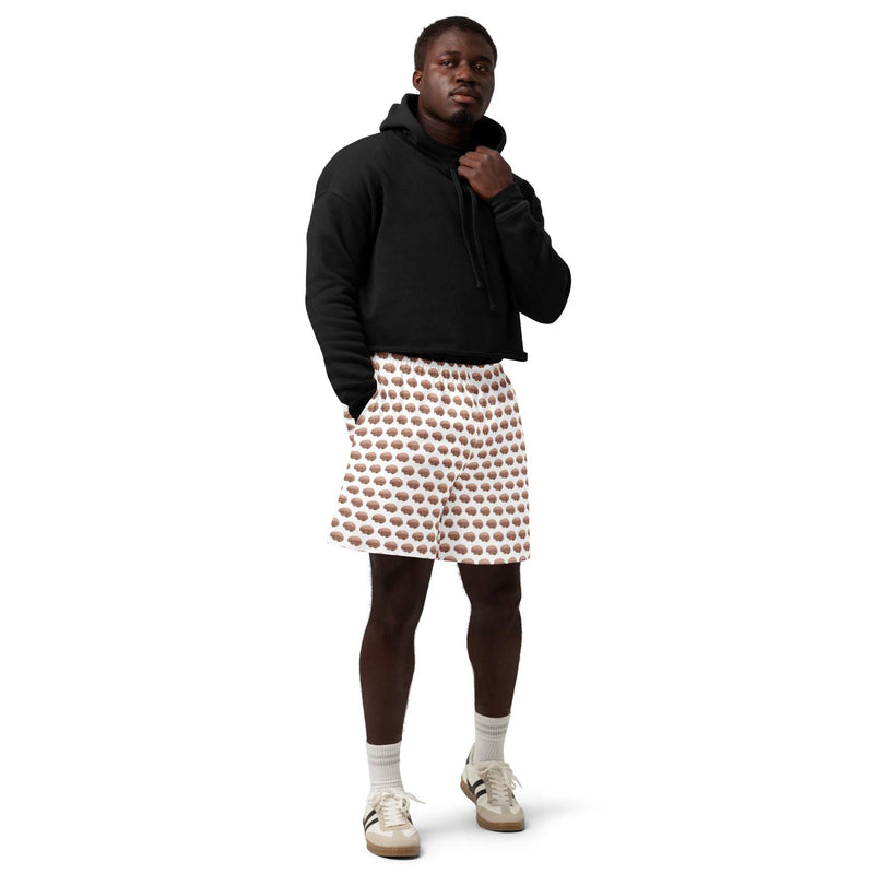Unisex white cotton shorts with brain print design promoting Alzheimer's awareness, featuring all-over print from Greg's AZ Store.