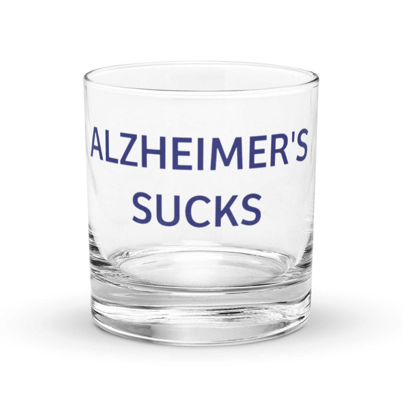 Alzheimer's Sucks Rocks Glass made of sturdy glass, 10.5 oz capacity, classic style for whiskey and cocktails