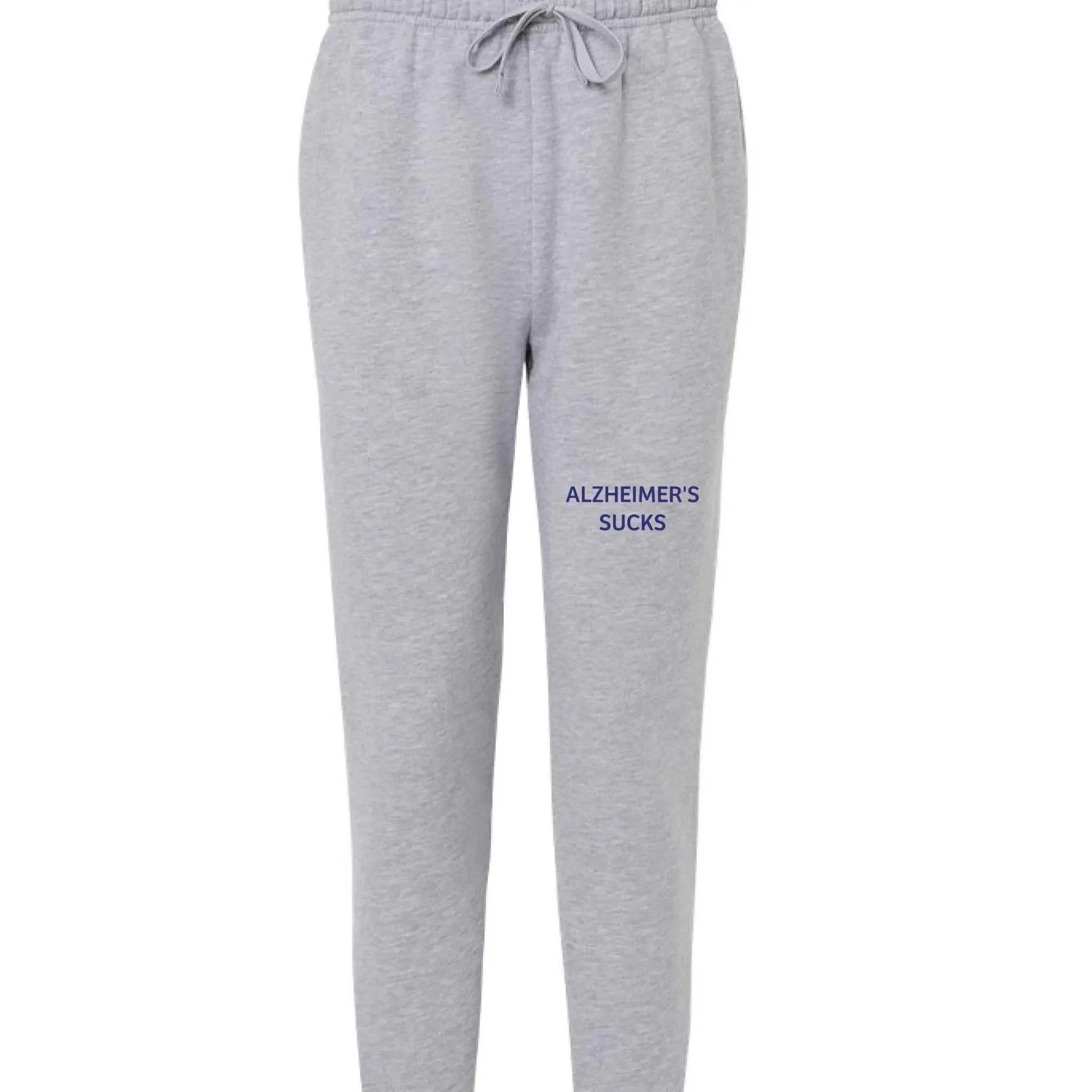 Grey American Apparel Alzheimer's Awareness sweatpants with drawstring waist and text reading ALZHEIMER'S SUCKS