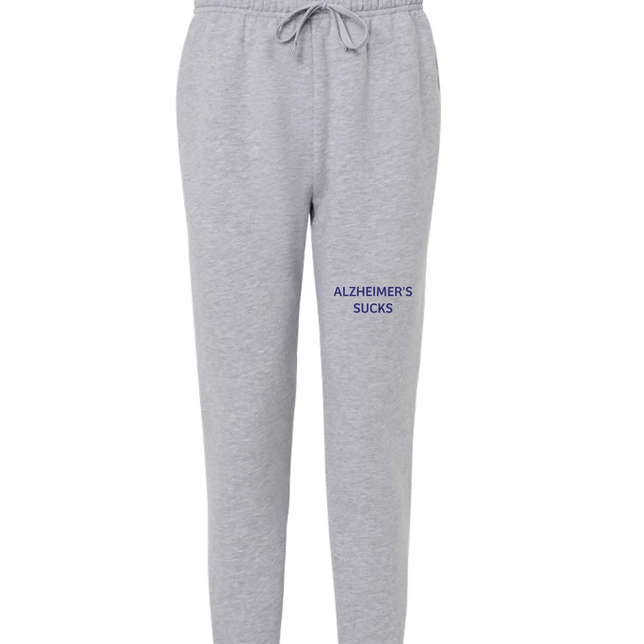 Unisex American Apparel fleece sweatpants with Alzheimer's awareness "Alzheimer's Sucks" graphic in heather color.