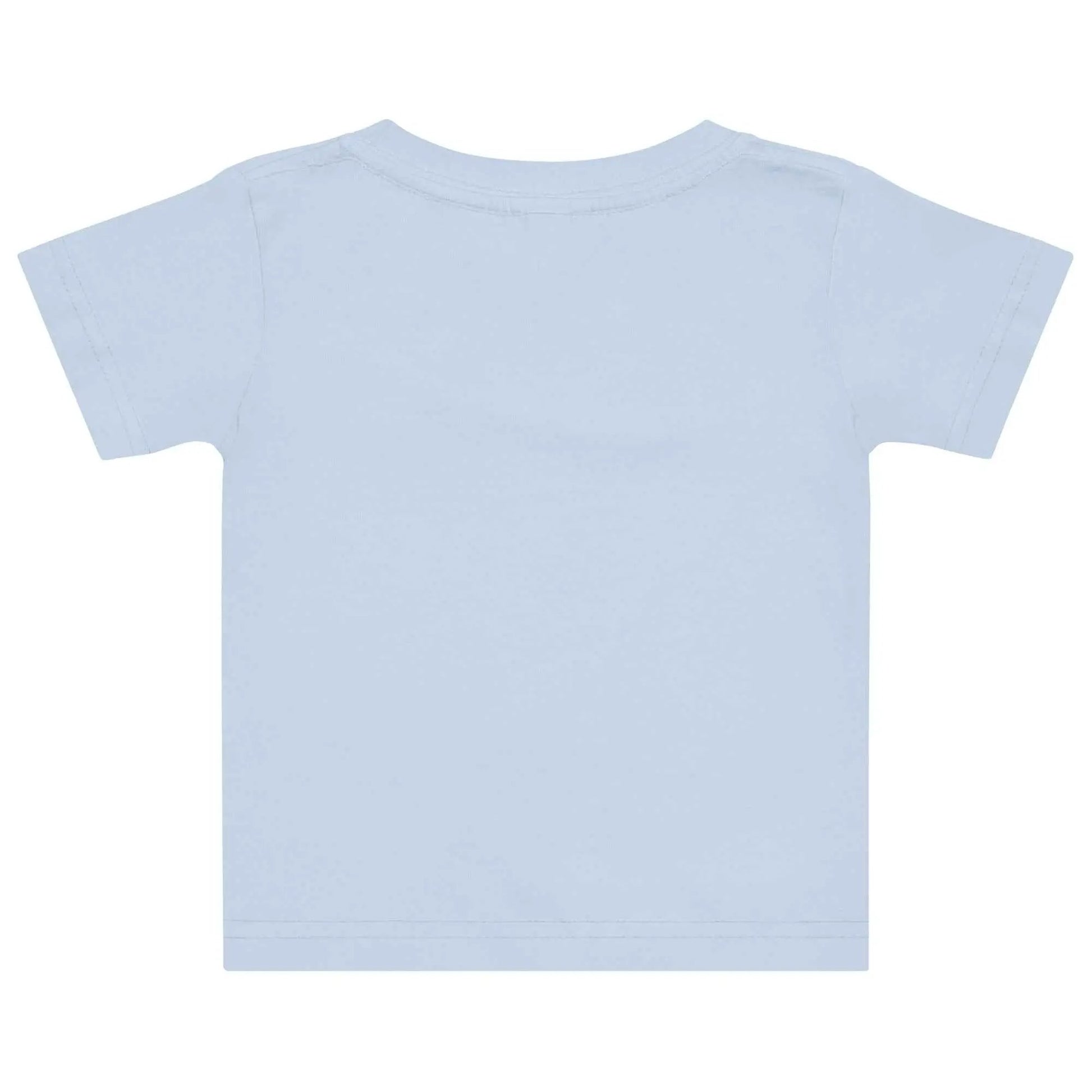 Light blue toddler T-shirt featuring a "Bella" cat with blue sunglasses print, casual short sleeve design for young children.