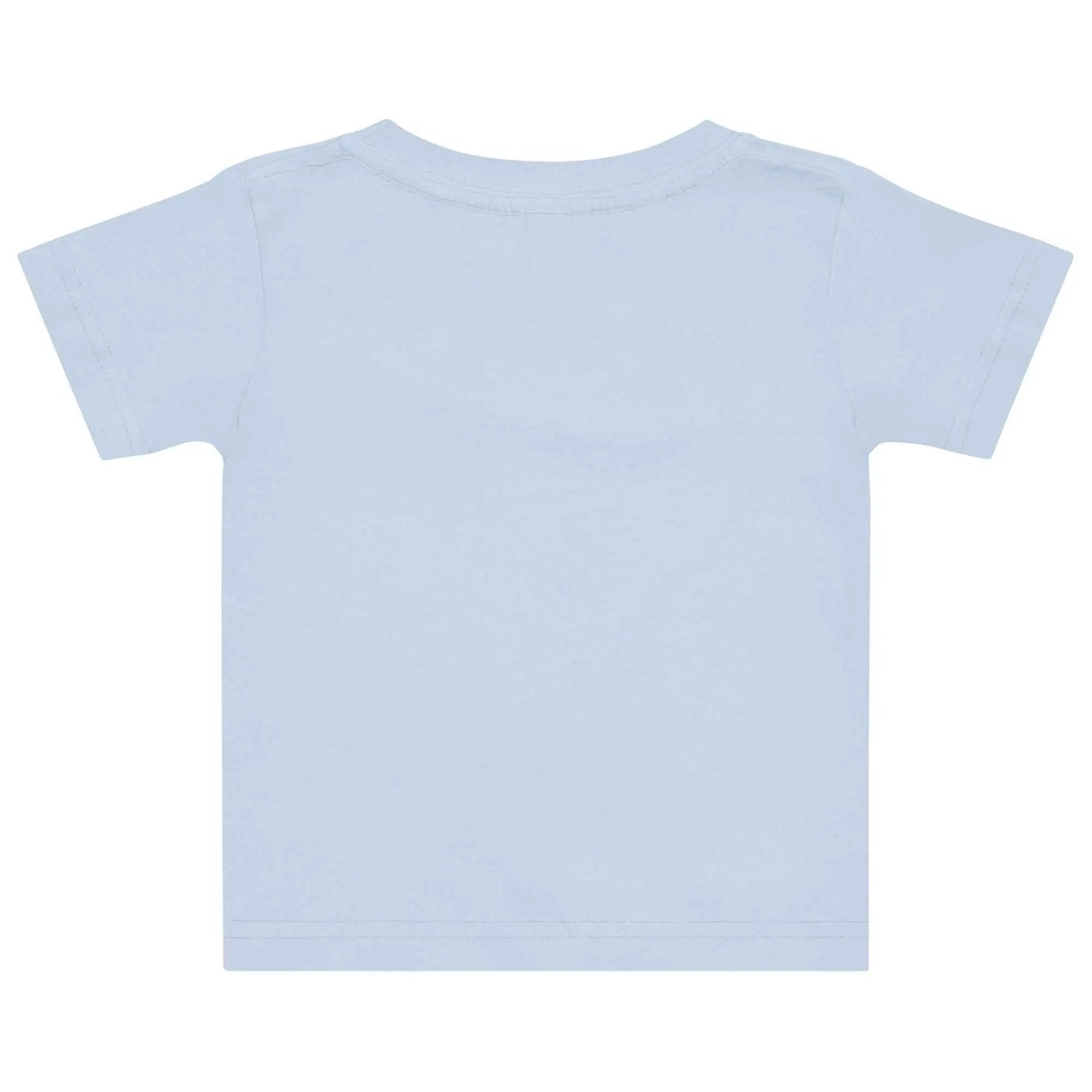 Light blue toddler T-shirt featuring a "Bella" cat with blue sunglasses print, casual short sleeve design for young children.