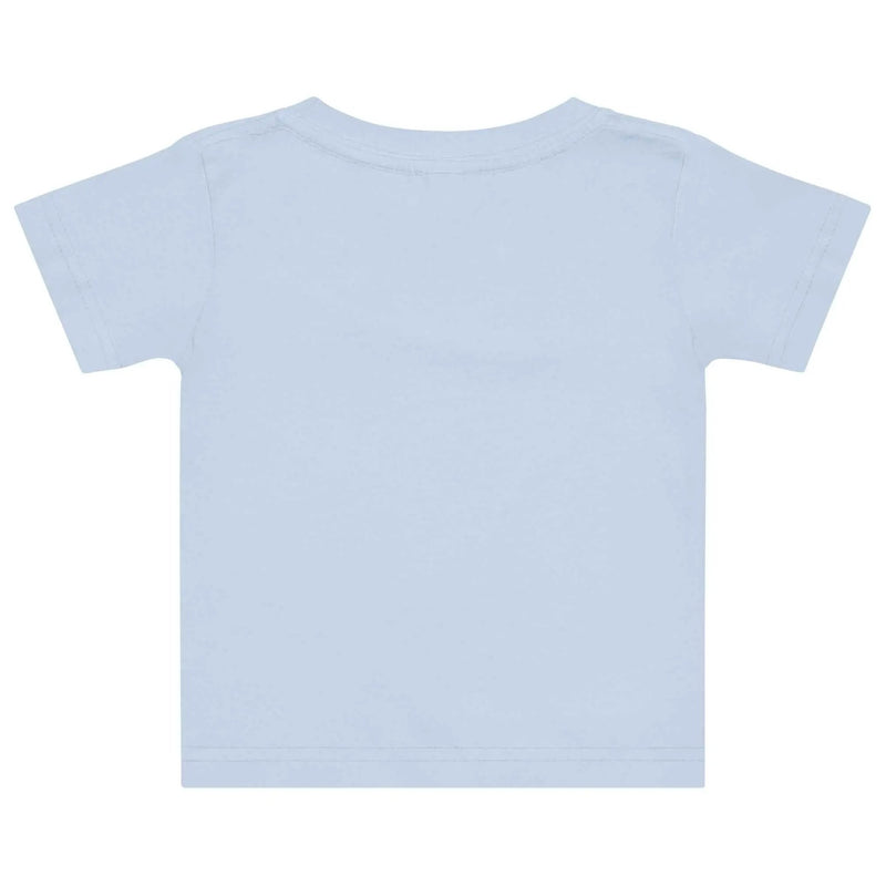 Light blue toddler T-shirt featuring a "Bella" cat with blue sunglasses print, casual short sleeve design for young children.
