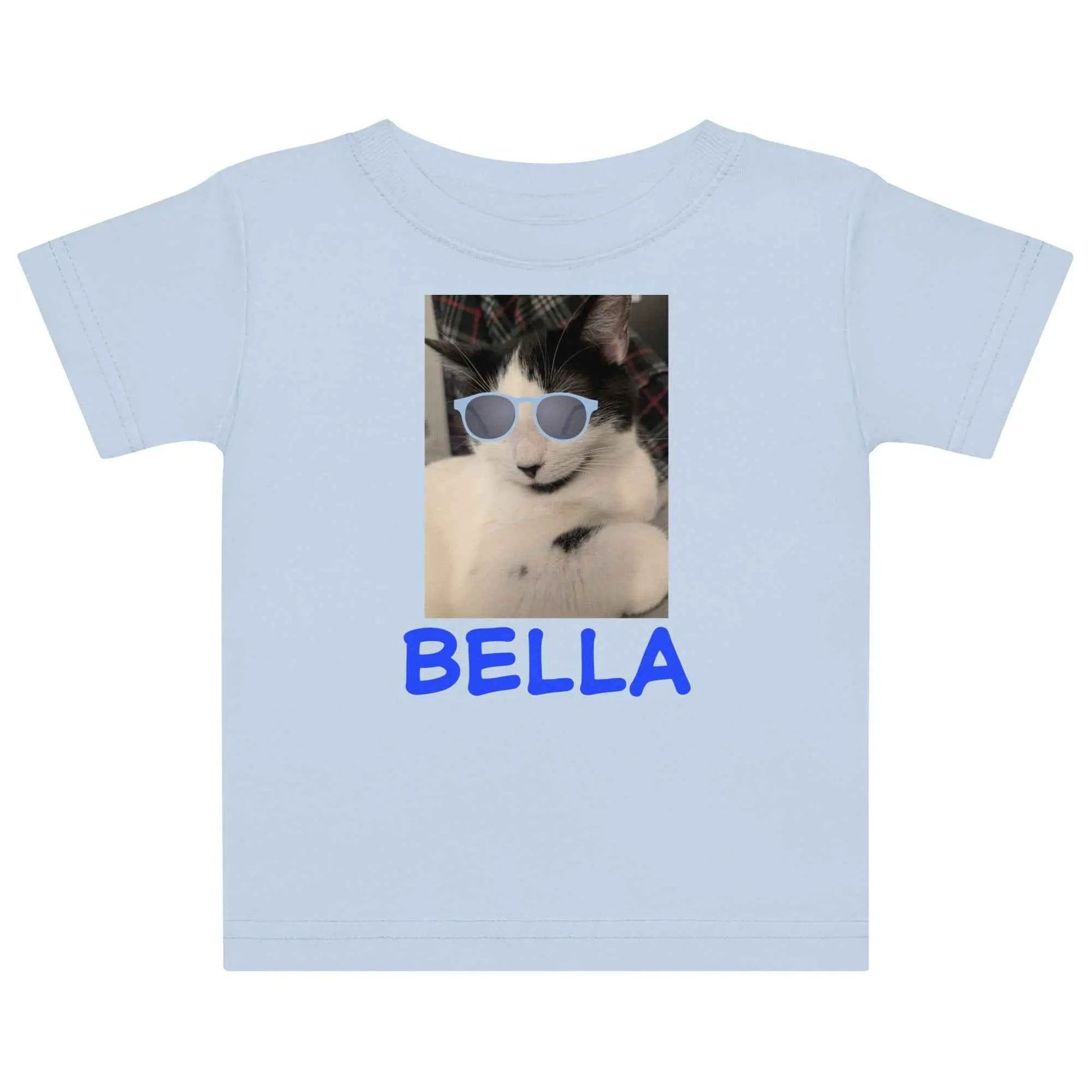 Light blue toddler T-shirt featuring a cute cat with blue sunglasses, perfect for kids' casual wear.