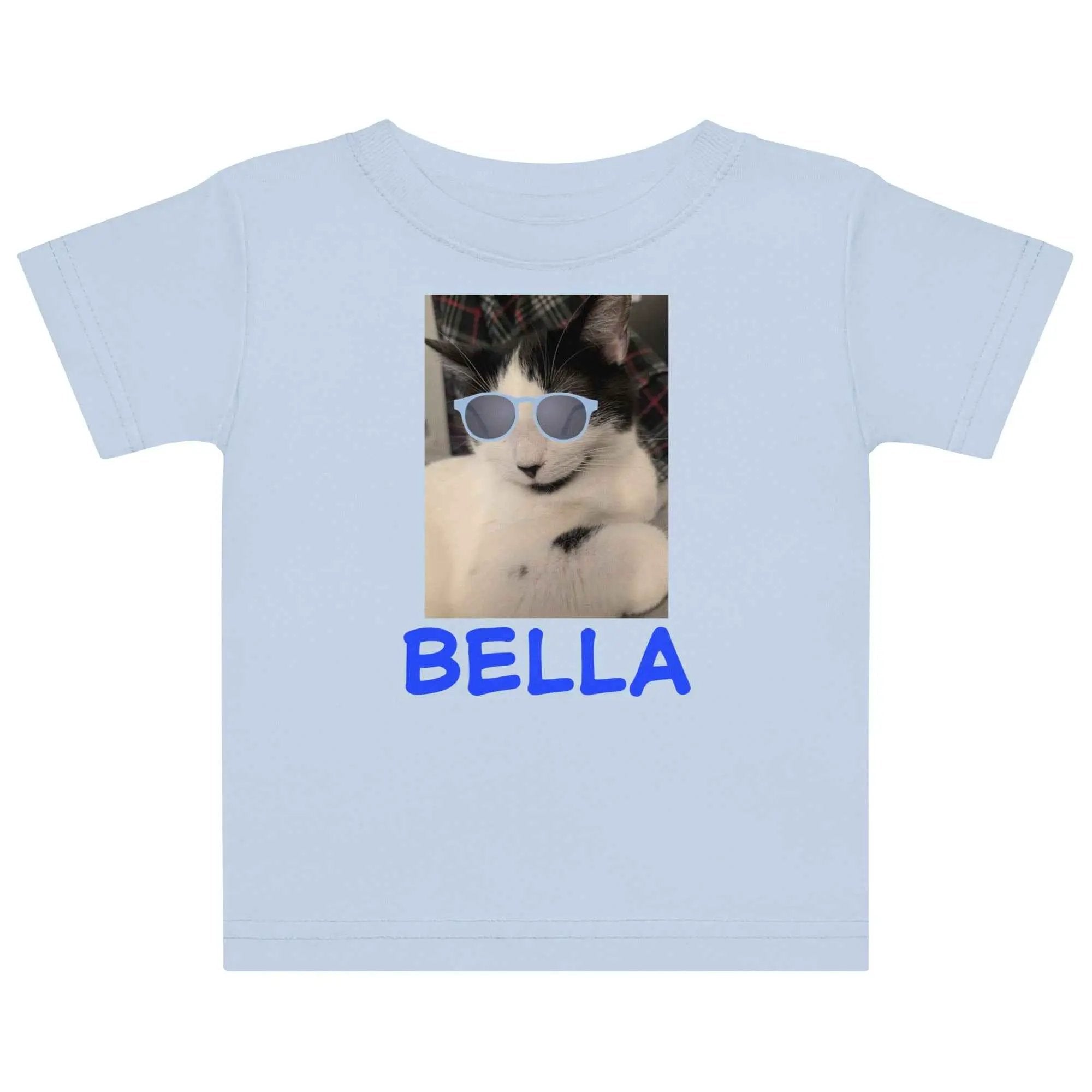 Light blue toddler T-shirt featuring a cute cat with blue sunglasses, perfect for kids' casual wear.