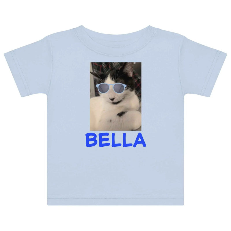 Light blue toddler T-shirt featuring a cute cat with blue sunglasses, perfect for kids' casual wear.