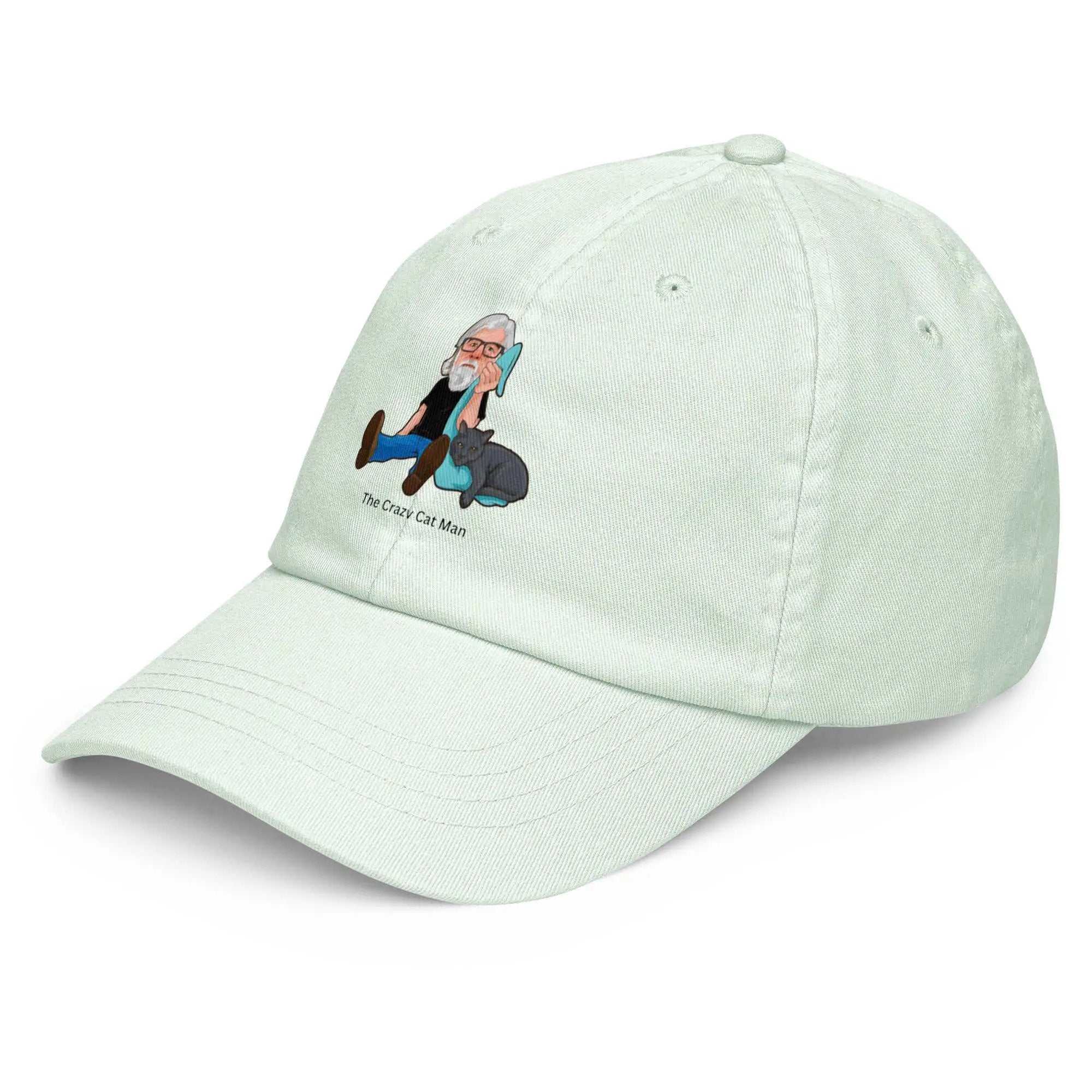 Beechfield pastel low profile baseball hat featuring a cartoon of a man with a cat and text The Crazy Cat Man