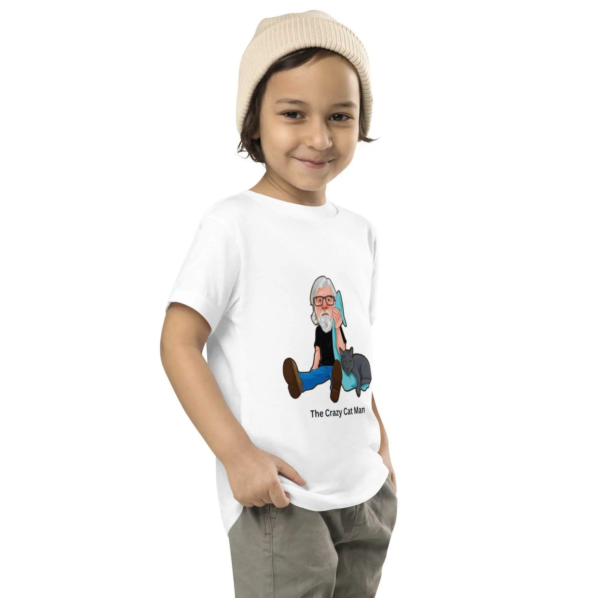 Toddler Bella+Canvas short-sleeve tee featuring Cat Man Signature Alzheimer's Awareness logo in vibrant colors.