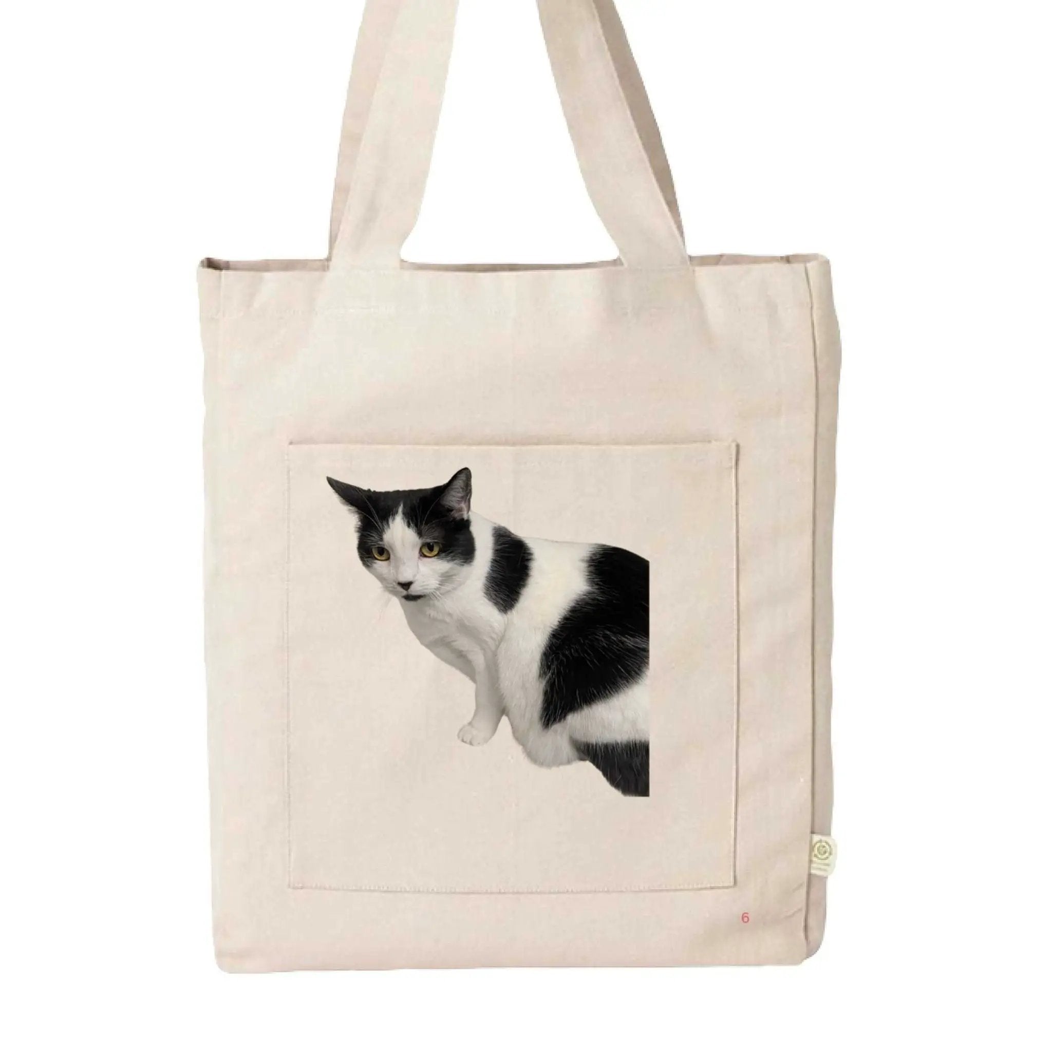 Recycled cotton tote bag with a cat design, eco-friendly Bella tote bag by Greg's AZ Store, natural color, one size.