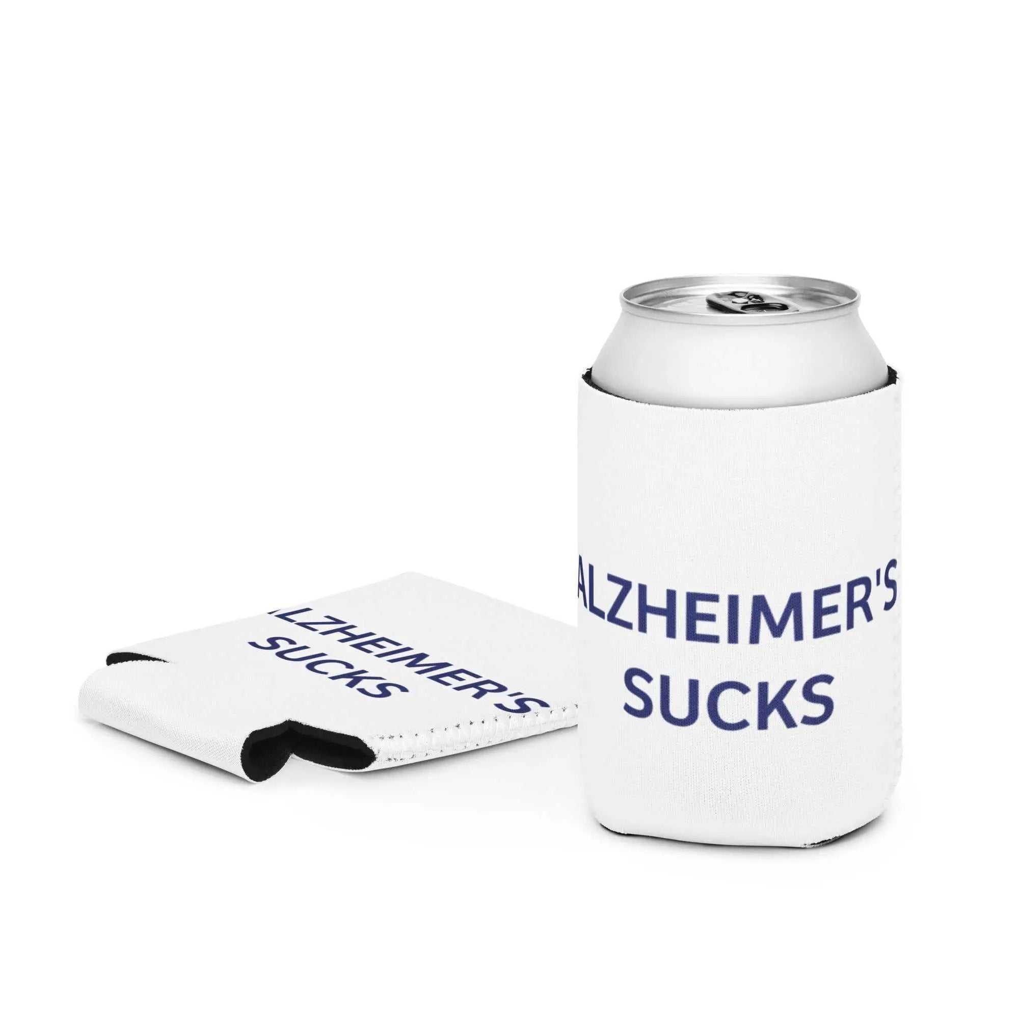 Sublimation can cooler with "Alzheimer's Sucks" graphic, designed for 12 oz cans, by Greg's AZ Store.