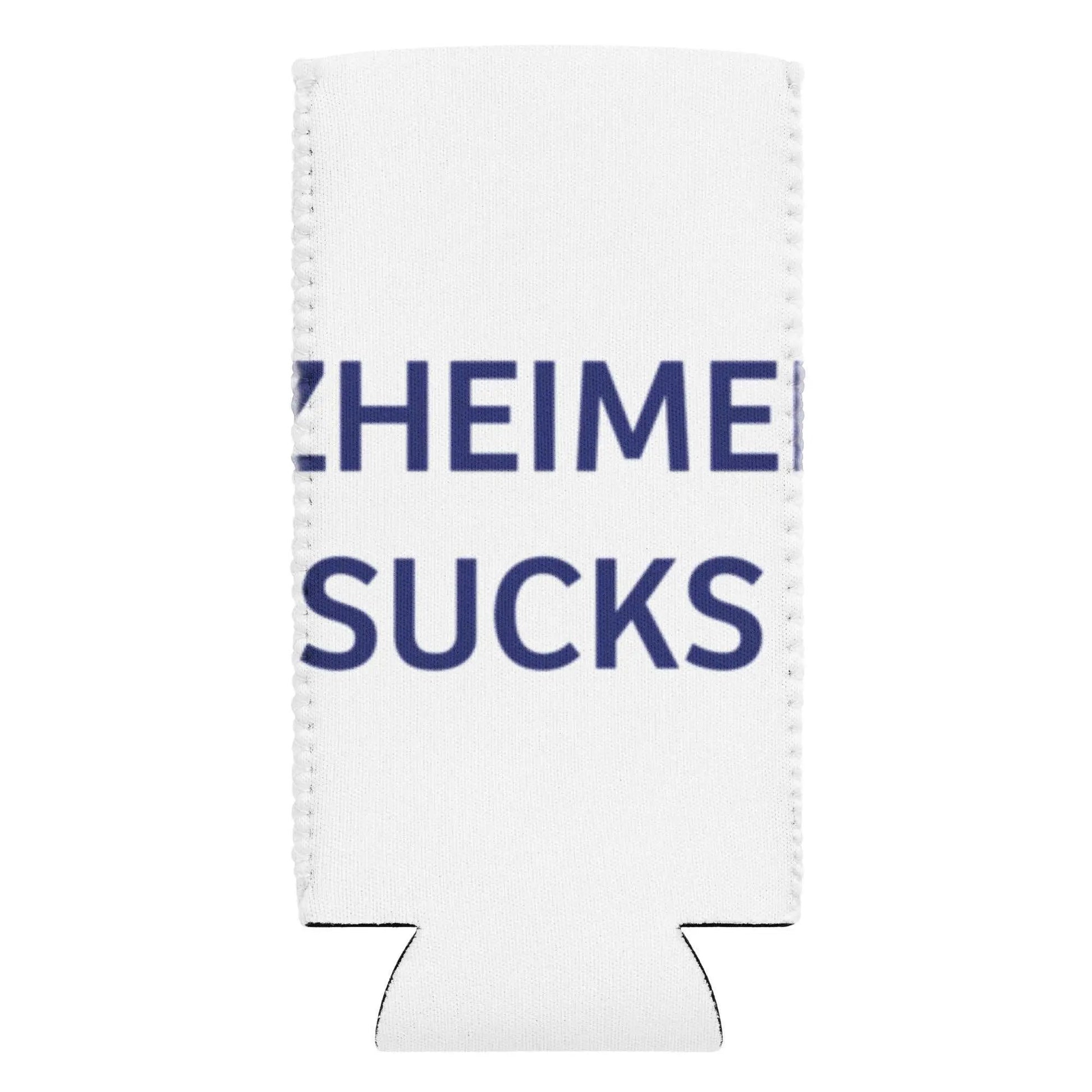 Sublimation can cooler with "Alzheimer's Sucks" graphic, slim 12 oz design, from Greg's AZ Store, for keeping beverages cold.