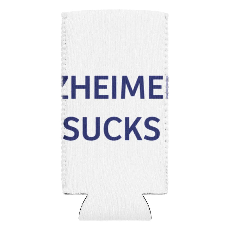 Sublimation can cooler with "Alzheimer's Sucks" graphic, slim 12 oz design, from Greg's AZ Store, for keeping beverages cold.