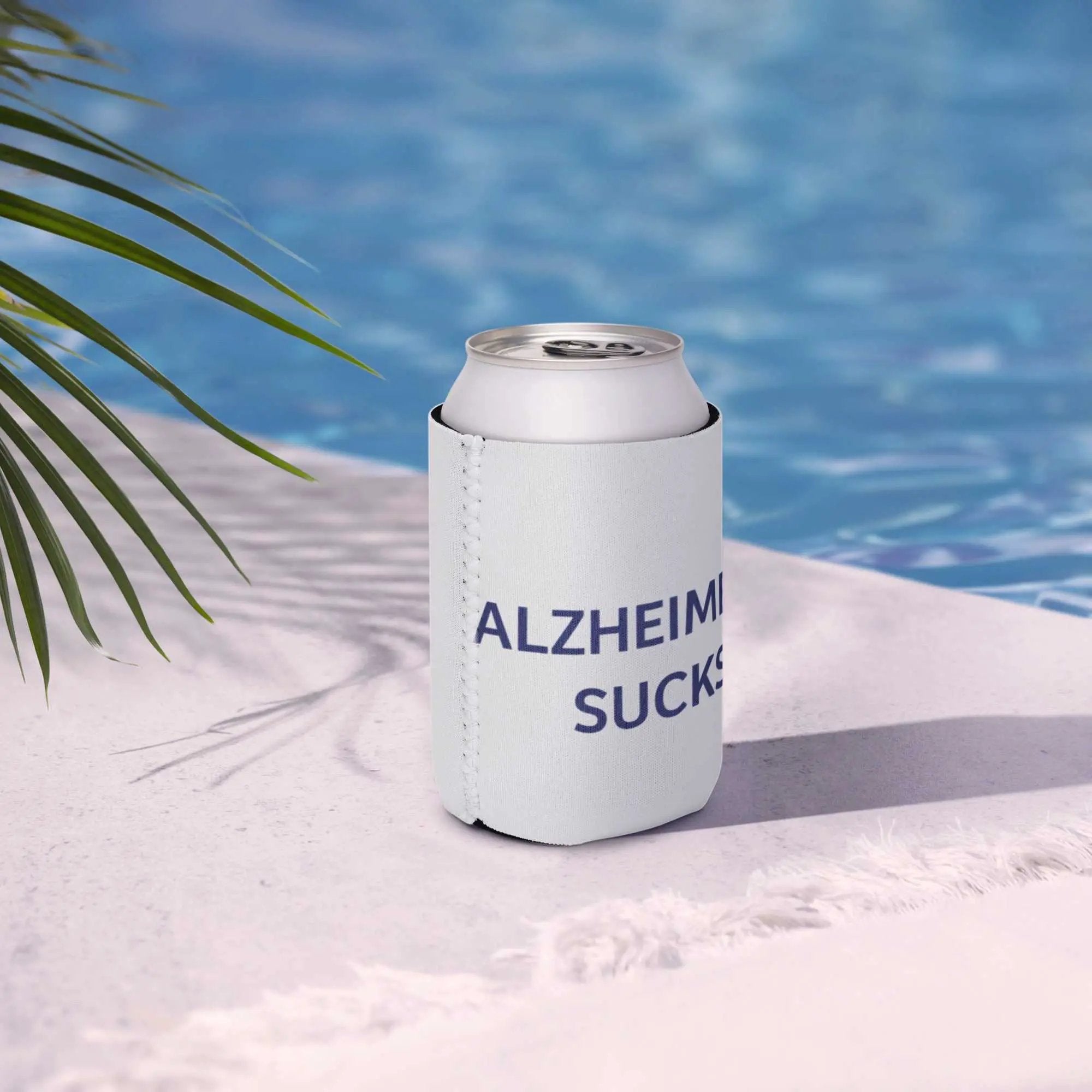 Alzheimer's Sucks graphic can cooler made with sublimation printing, featuring bold text on a reusable insulated drink holder.