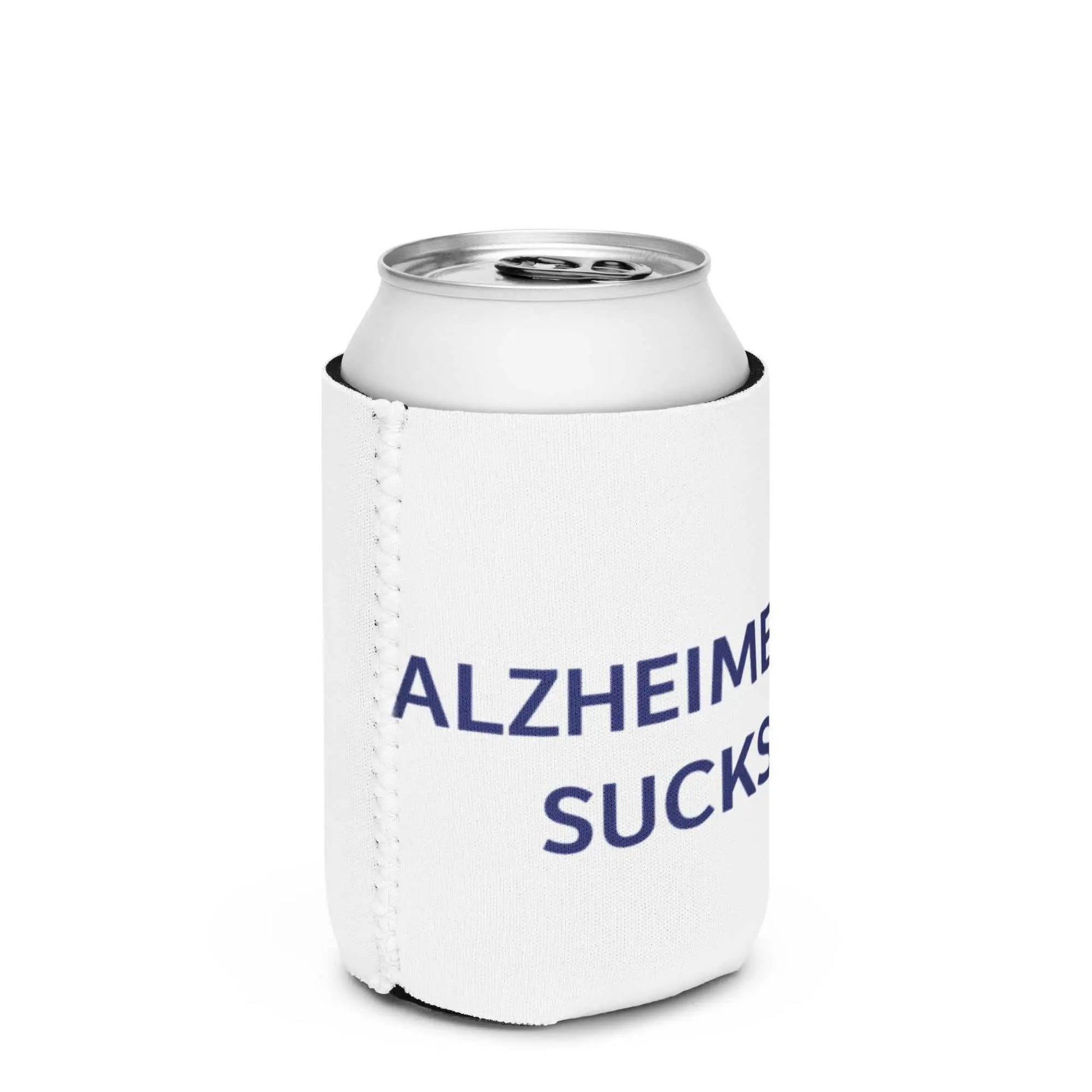 Sublimation can cooler with "Alzheimer's Sucks" graphic from Greg's AZ Store, designed to keep drinks cold and showcase awareness.