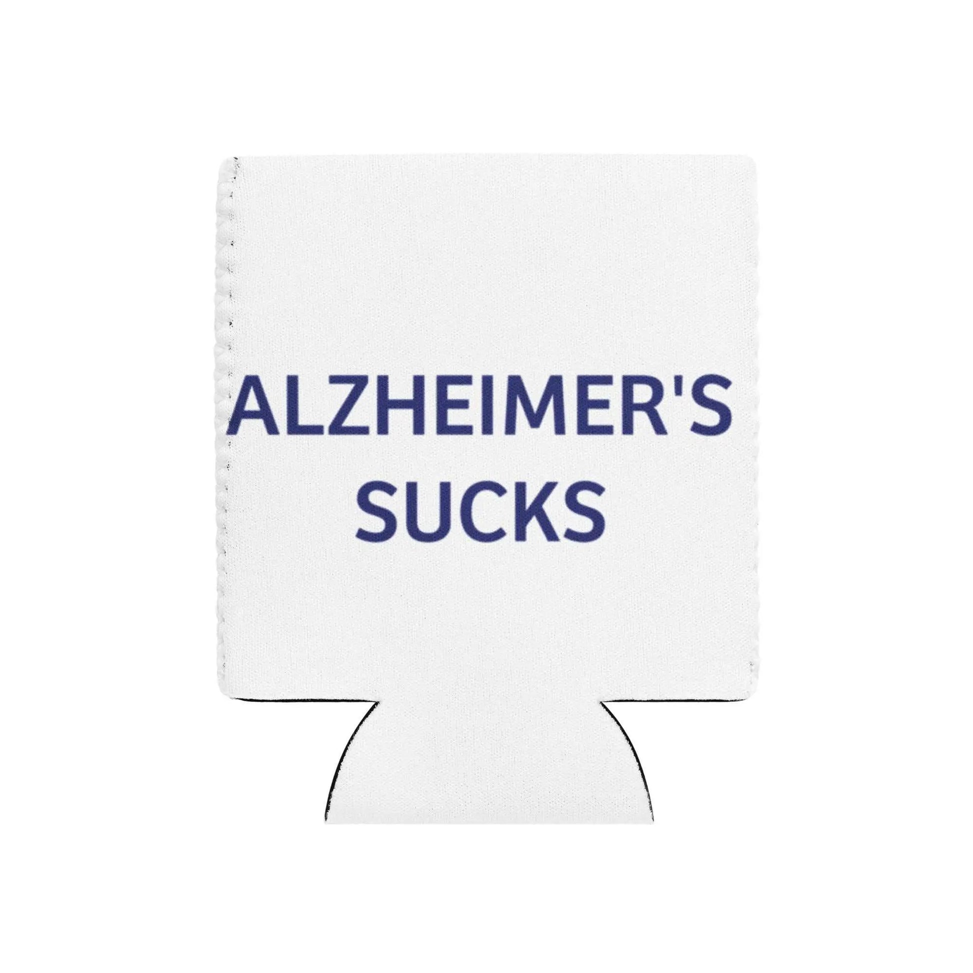 Sublimation can cooler with "Alzheimer's Sucks" graphic design, featuring vibrant colors and a snug fit for standard cans.