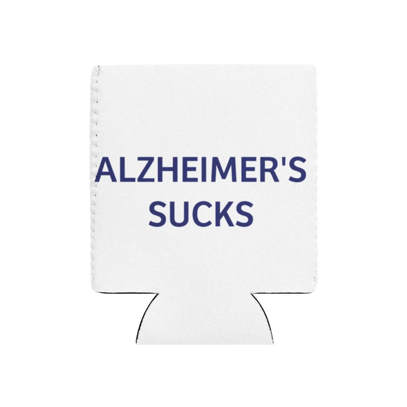 Sublimation can cooler with "Alzheimer's Sucks" graphic design, featuring vibrant colors and a snug fit for standard cans.