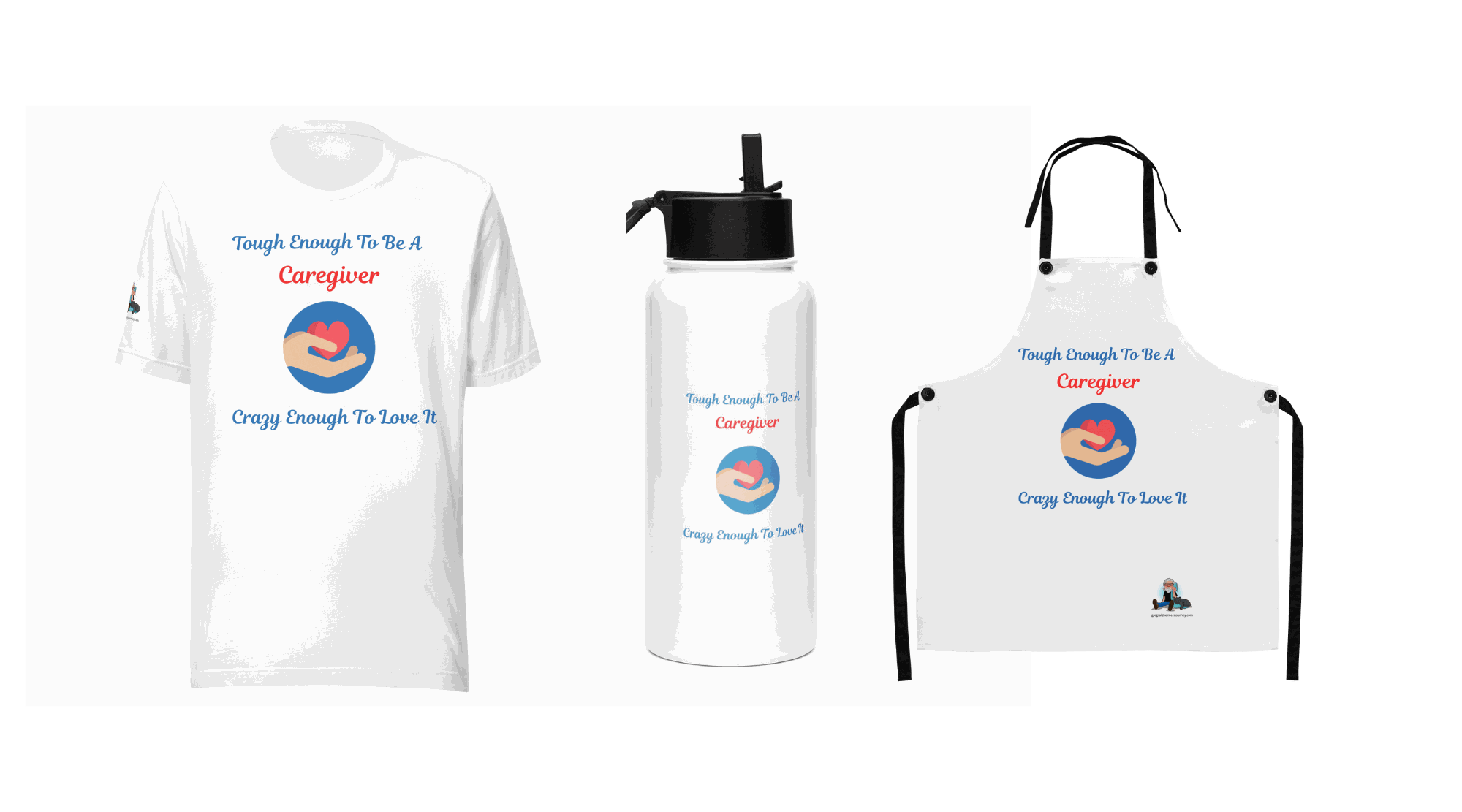 Caregiver Alzheimer’s Awareness Set featuring a t-shirt, water bottle, and apron with matching heart graphic