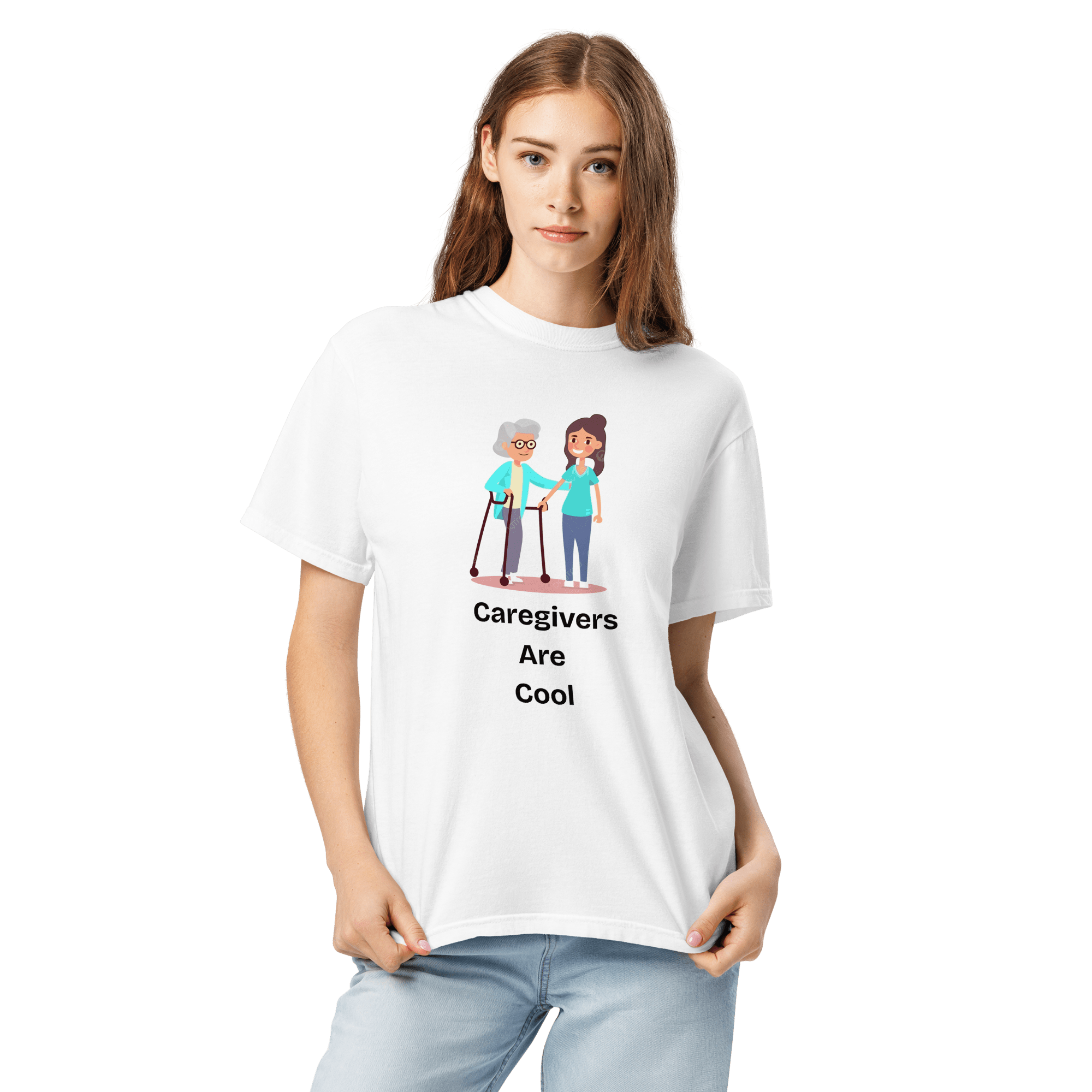 Woman wearing white Caregiver Heavyweight T-Shirt with graphic of caregiver and senior with walker