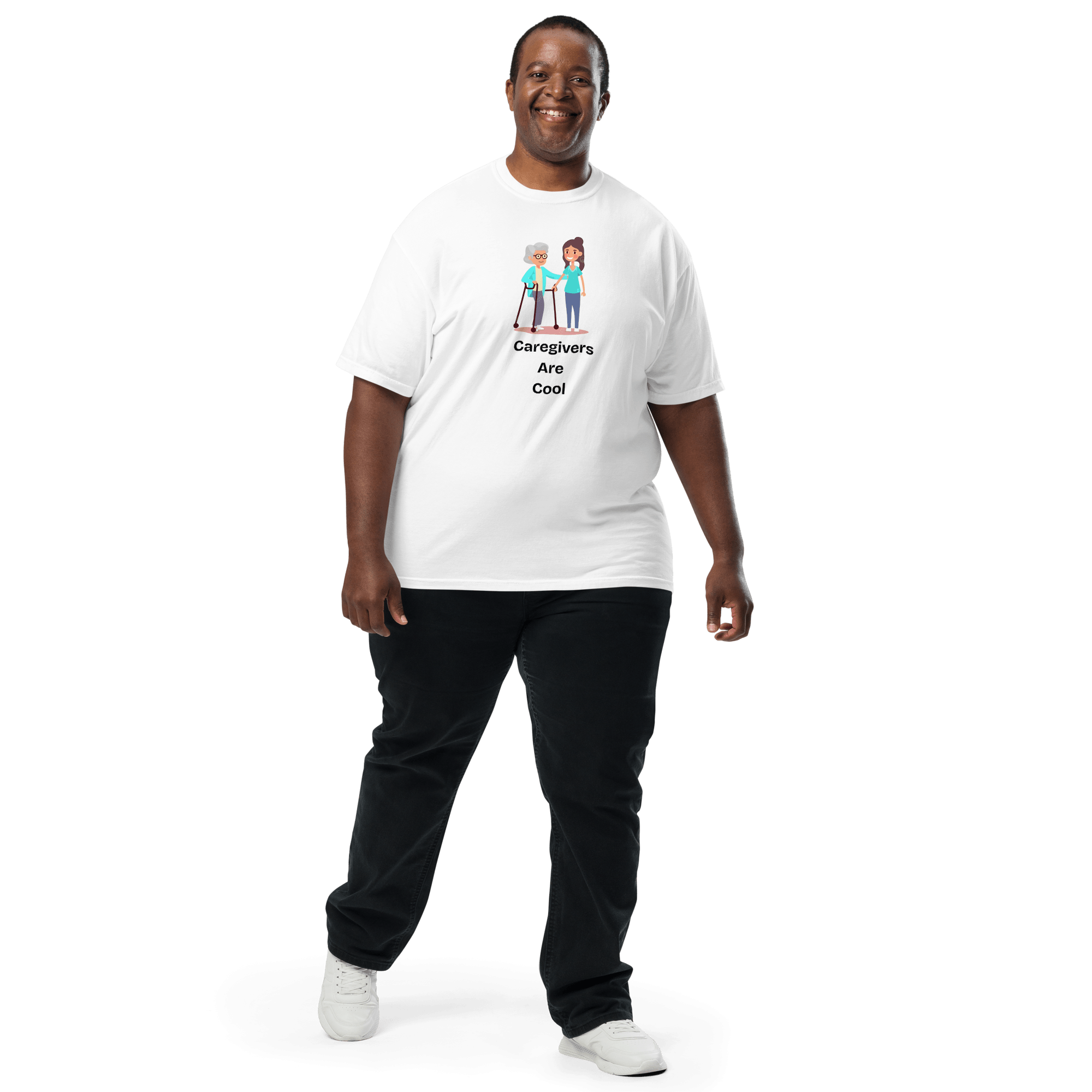 Caregivers Are Cool unisex heavyweight garment-dyed T-shirt by Greg's AZ Store, showing a relaxed fit and soft fabric.