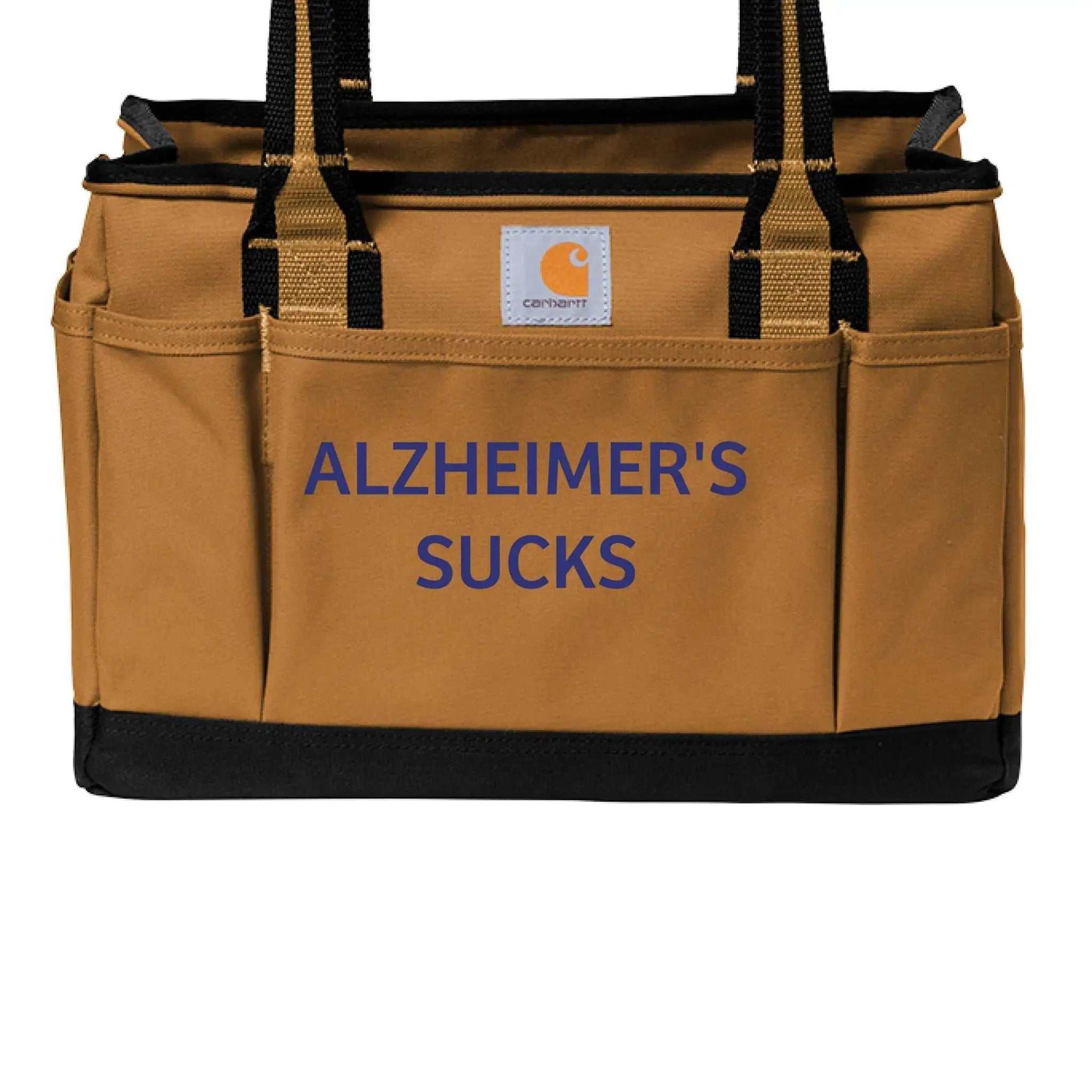 Brown Carhartt Utility Tote bag with "Alzheimers Sucks" print, designed for everyday use and durable storage.